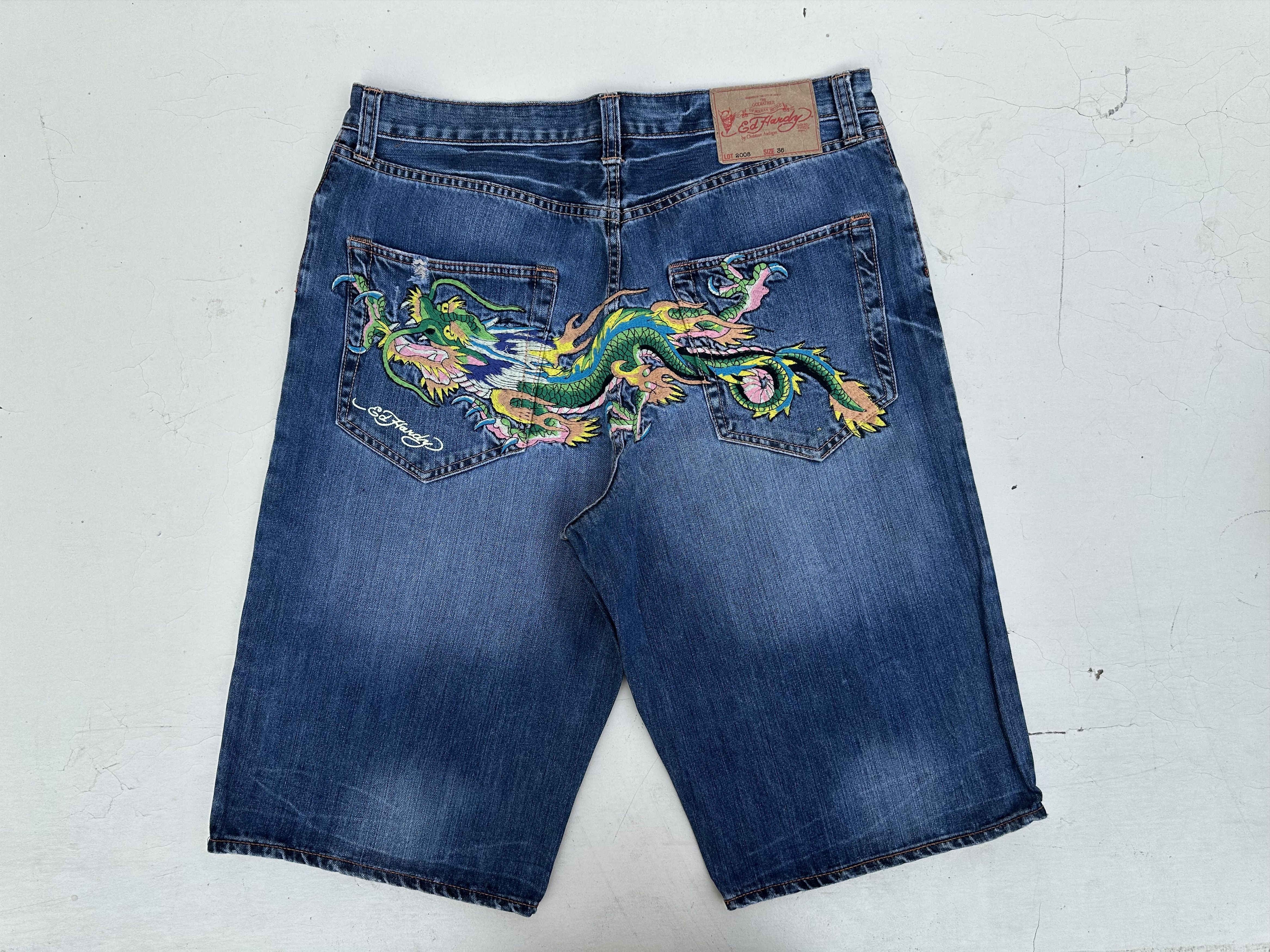 Ed hardy dragon embroidered shorts