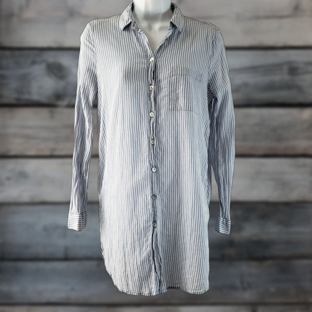 Vintage Beach Lunch Lounge Womens Button Front Top XS Blue White Striped Cotton Shirt Tunic Long Sleeve Casual Vintage: No Size XS / US 0-2 / IT 36-38 - 1 Thumbnail