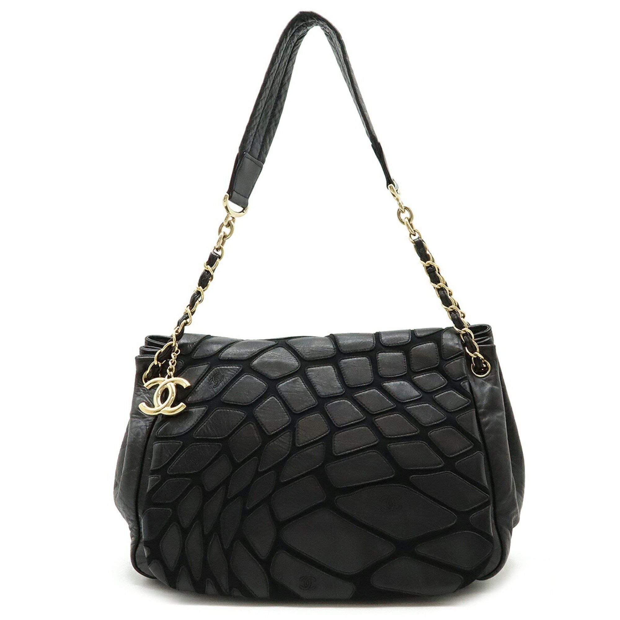 Chanel Coco Mark Chain Shoulder Bag Leather Flap Lambskin Black Gold Metal Fittings, Women's