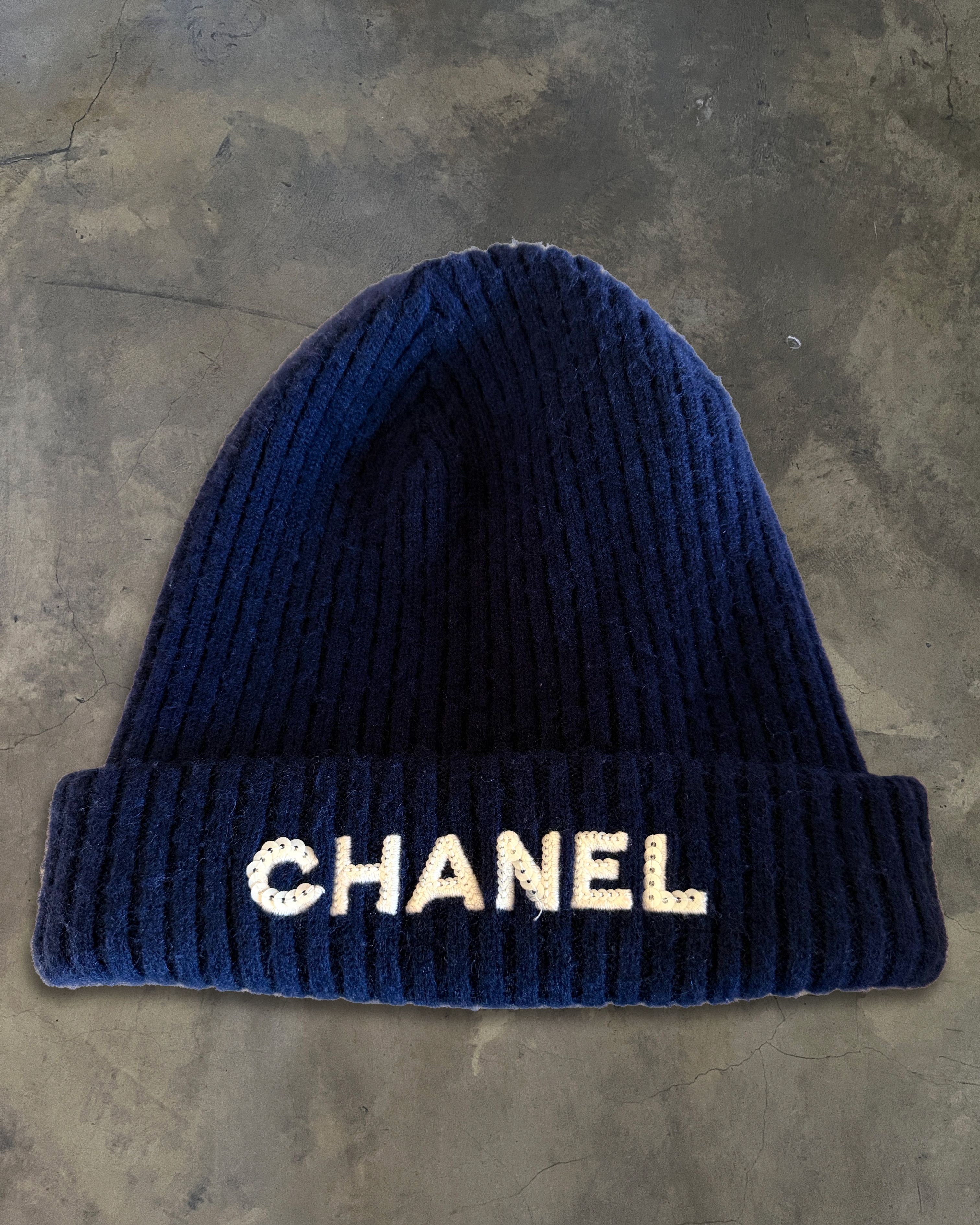 Chanel CHANEL NAVY BLUE SEQUIN EMBELLISHED CC BEANIE | Grailed