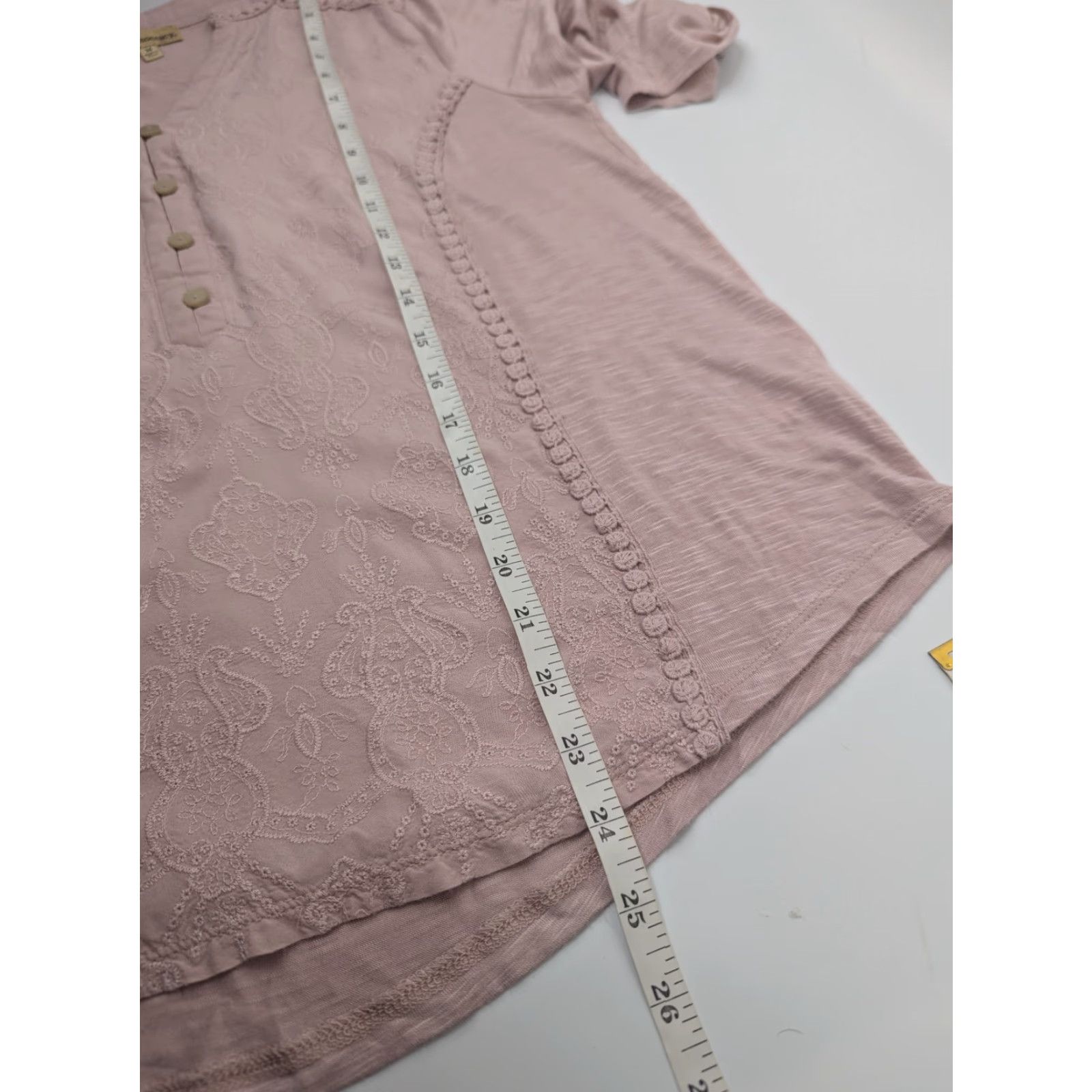 Vintage Democracy Blouse 3/4 Roll Tab Sleeve Button Front Embroidered V-Neck Pink M Womens Boho Casual Shirt Regular Fit Size M / US 6-8 / IT 42-44 - 3 Thumbnail