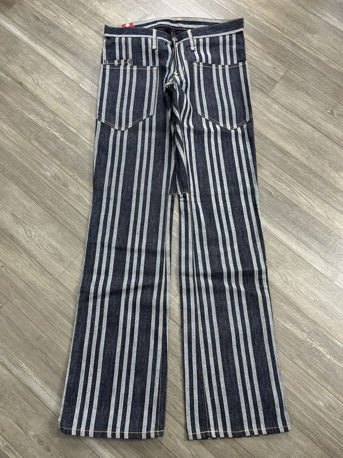 Japanese Brand Vintage Blue Way Japan Striped Indigo Denim Flared Jeans Size US 33 - 1 Thumbnail