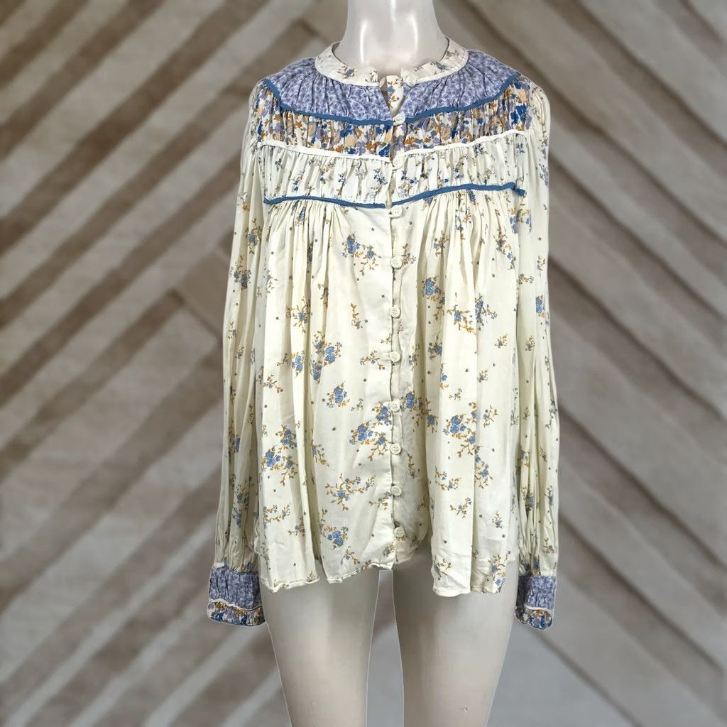Free People Free People Floral Mixed Print Boho Blouse Cream Blue Button Down Medium Size M / US 6-8 / IT 42-44 - 1 Thumbnail