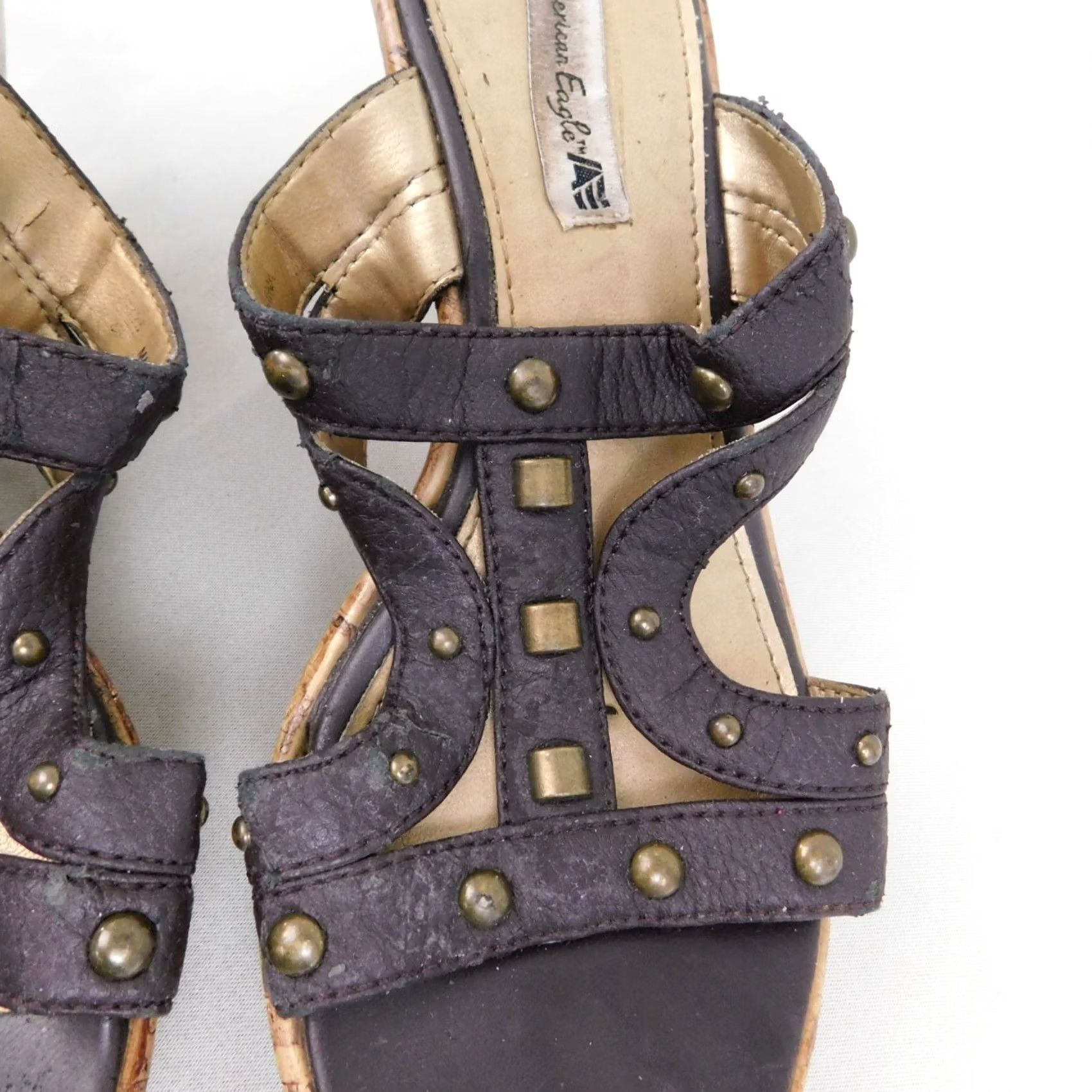 Vintage VINTAGE American Eagle Open-Toe Studded Cork Wedge Platform Sandals 7 Brown Espadrille Womens Size US 7 / IT 37 - 4 Thumbnail