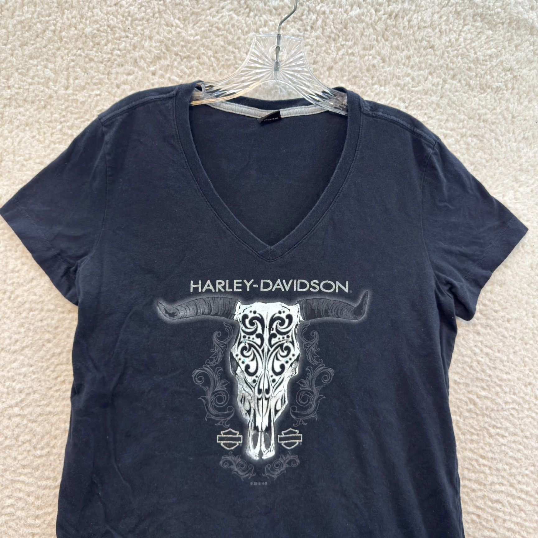 Harley Davidson Harley-Davidson T-Shirt Women XL Black Longhorn Skull Moto Biker Shirt Short Sleeve V-Neck Size XL / US 12-14 / IT 48-50 - 3 Thumbnail