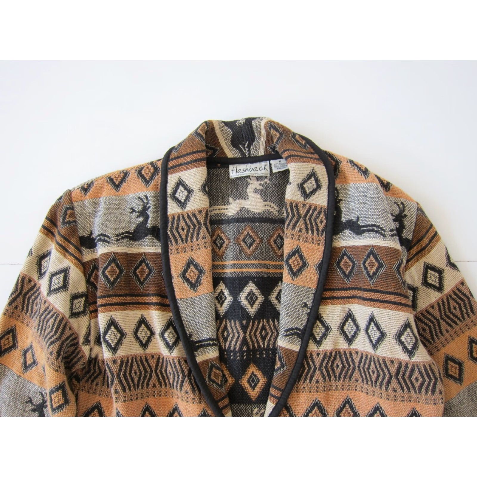 Vintage VINTAGE Flashback Jacket Womens M Bohemian Black Brown Aztec Deer 100% Cotton Blazer Shirt Coat L/M? Size M / US 6-8 / IT 42-44 - 4 Thumbnail