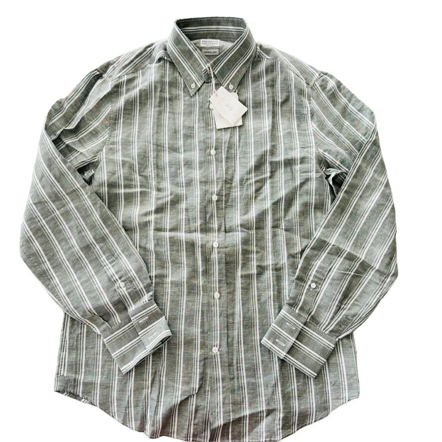 Brunello Cucinelli Brunello Cucinelli Linen Button Front Green Stripe Shirt M Size US M / EU 48-50 / 2 - 1 Thumbnail