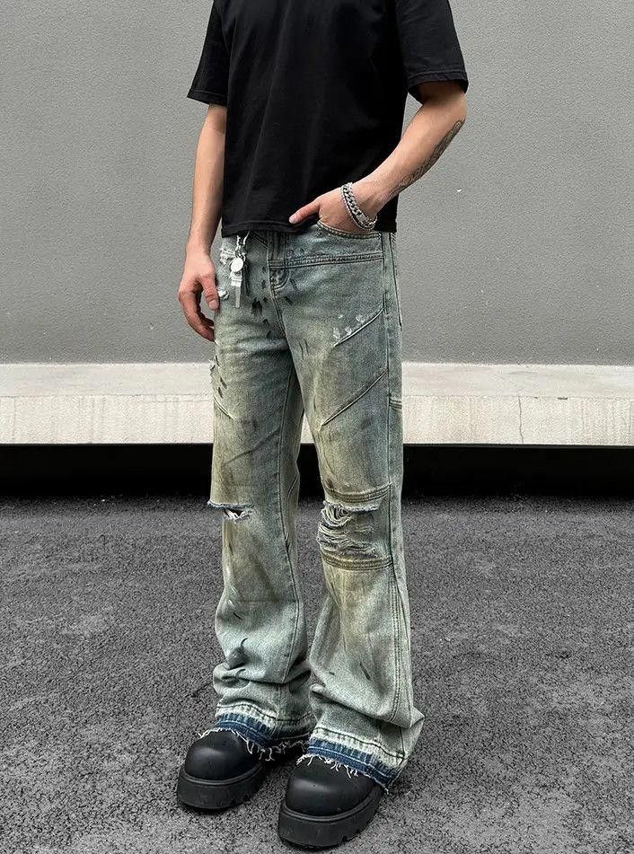 Paint Splatter Distressed Stacked Denim Jeans