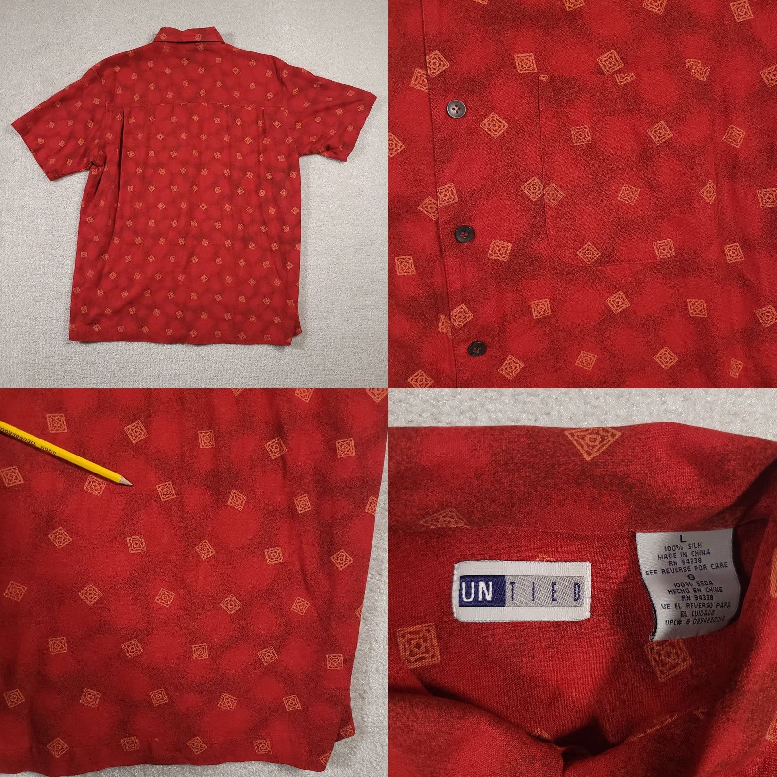 Vintage Untied Silk Shirt Men's Large Red Geometric S/S Hawaiian Tropical Caribbean Button-Up Shirt Size US L / EU 52-54 / 3 - 8 Thumbnail