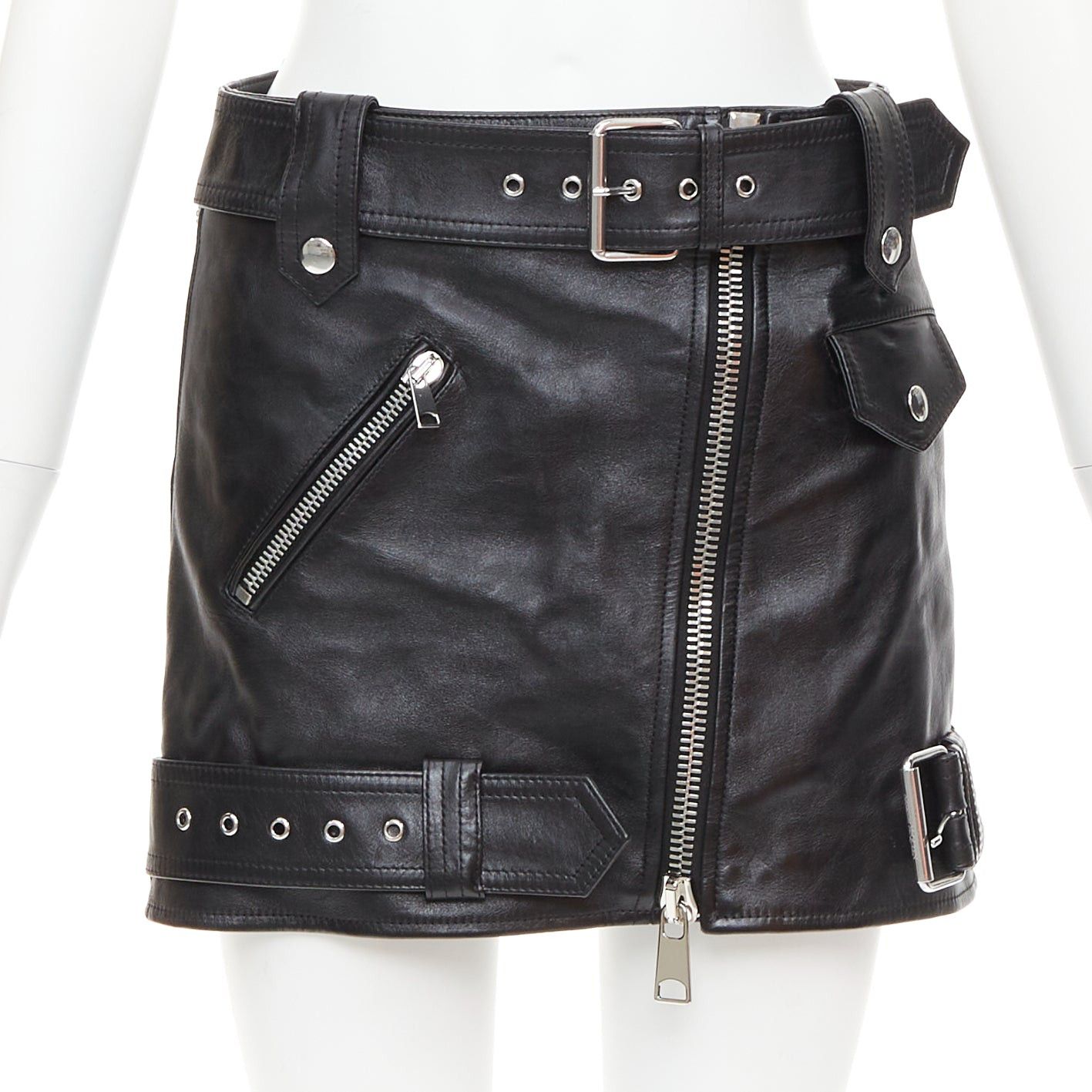 Alexander McQueen ALEXANDER MCQUEEN 2023 black cowhide leather silver biker zip detail mini skirt IT36 XXS Size 25" / US 0 / IT 36 - 1 Thumbnail