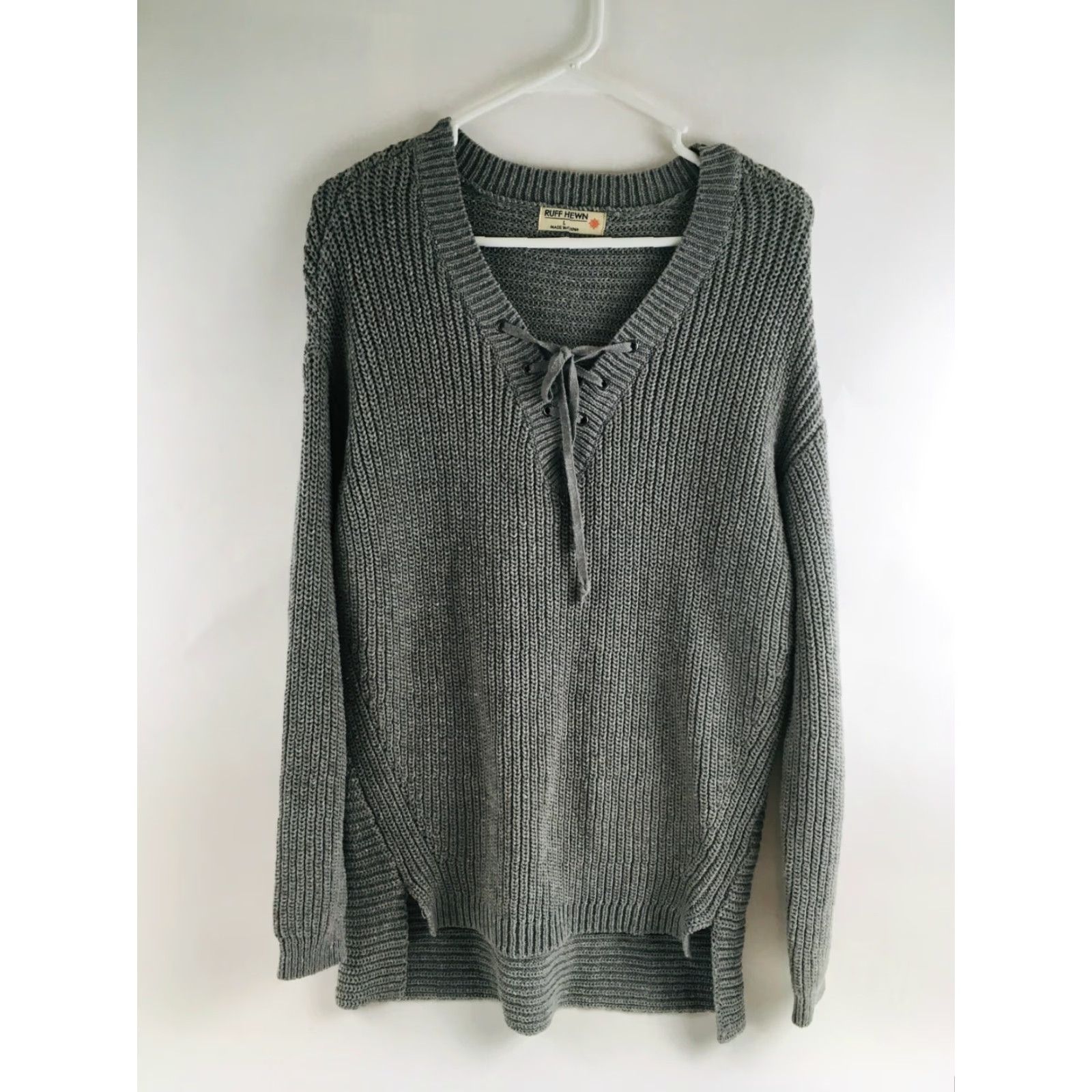 Vintage Ruff Hewn Sweater Women's Knit Long Sleeve ¼ Front Tie V Neck Sz L Gray Pullover Size L / US 10 / IT 46 - 2 Thumbnail