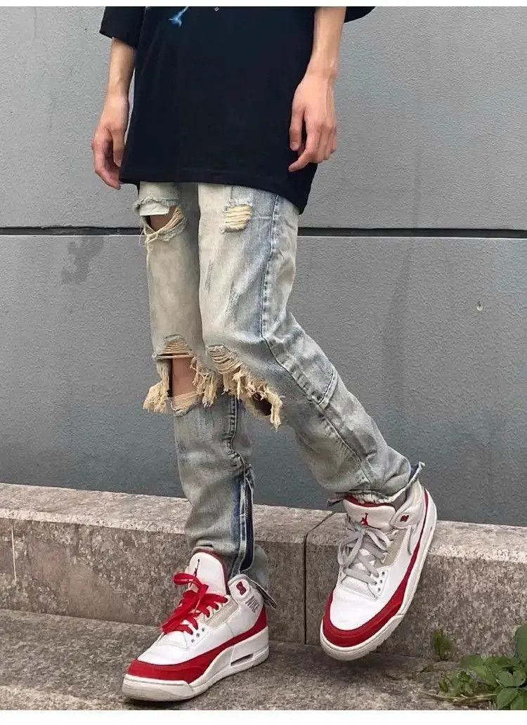 Japanese Brand Retro loose and distressed zippered jeans Size US 32 / EU 48 - 2 Thumbnail