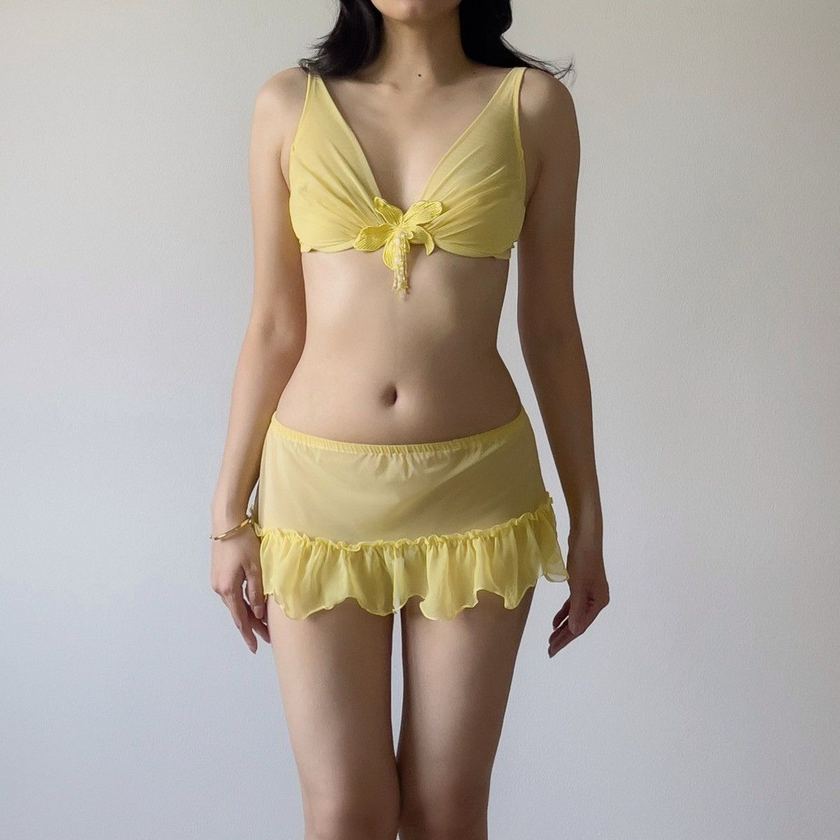 Victoria's Secret Romantic Yellow Mesh Bra & Mini Skirt Sheer Set(36B-C/34C-D) Size ONE SIZE - 4 Thumbnail
