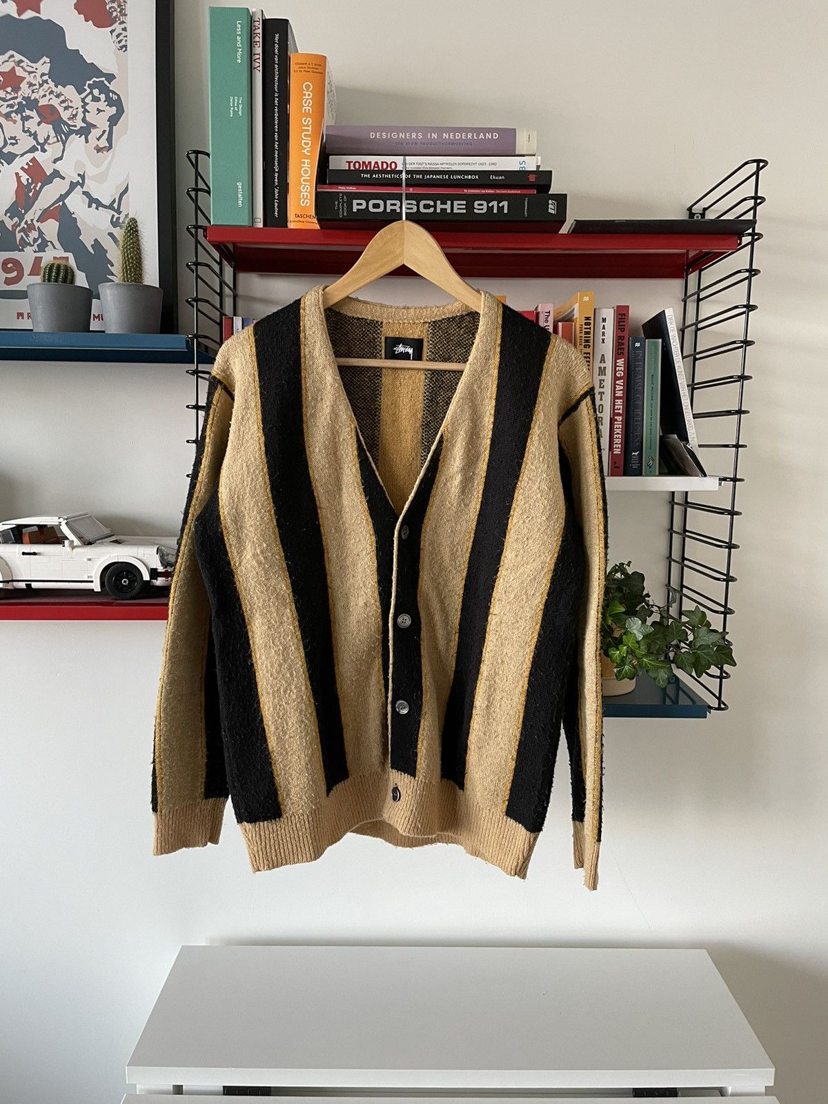 image of Stussy Mohair Woolmix Stripe Cardigan in Black/Tan, Men's (Size Small)