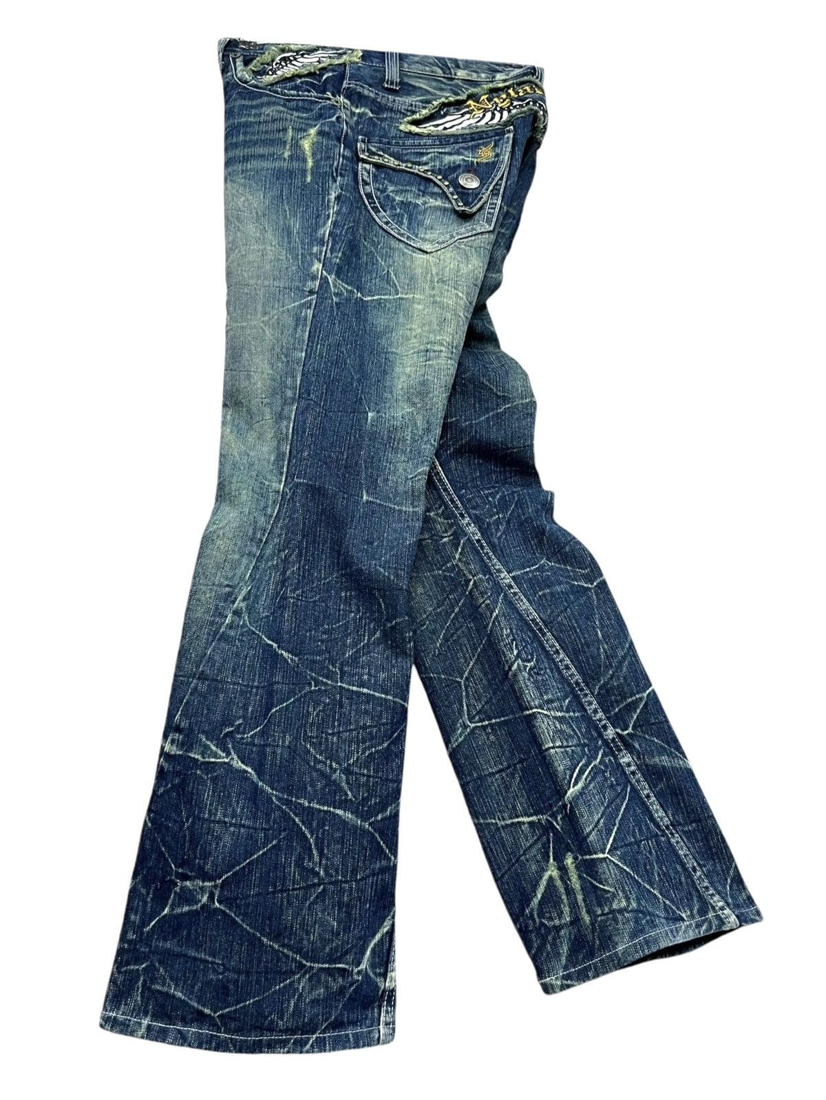 Japanese Brand 🔥NYLAUS Embroidery Winged Studded Long Flap Mudwash FLARE Size US 31 - 3 Thumbnail
