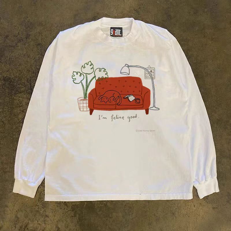 Vintage White washed retro casual cat print long-sleeved t-shirt Size US M / EU 48-50 / 2 - 2 Thumbnail