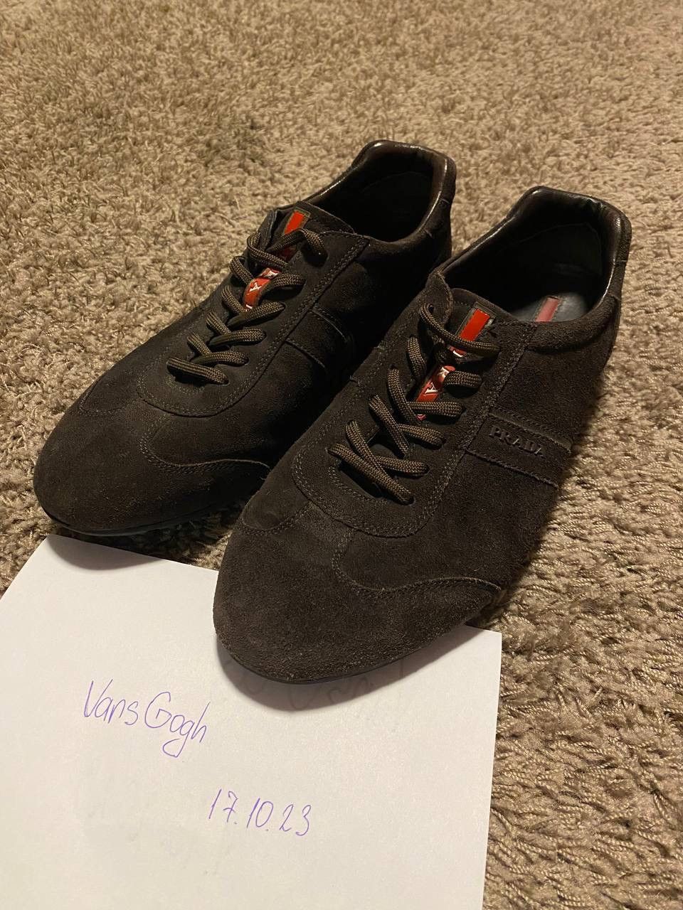 image of Prada Red Tab Low-Top Sneakers Fits Size 43-44 in Brown, Men's