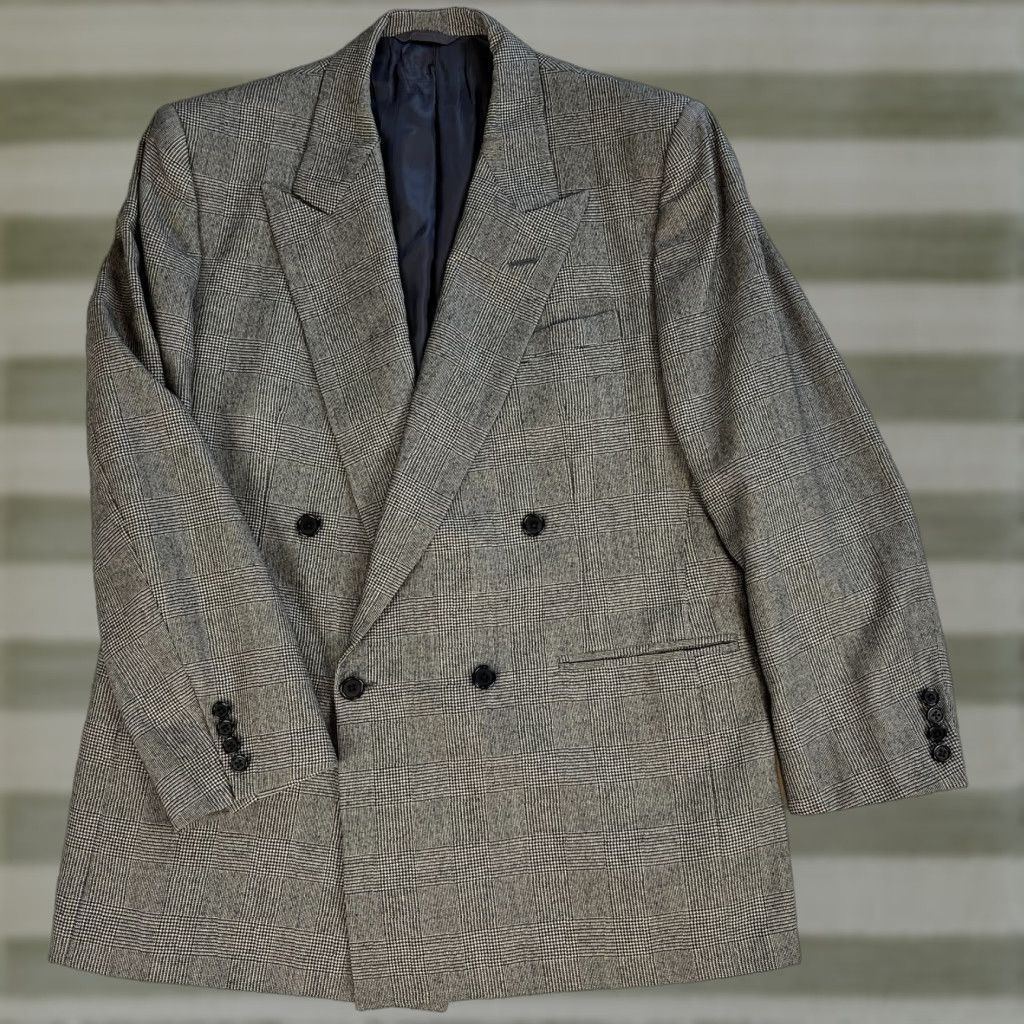 Neiman Marcus Neiman Marcus Men's Vintage Wool Double Breasted Blazer Jacket Plaid Sz 40 Gray 90s Classic Designer Shirt Jacket Mens Size 40R - 1 Thumbnail