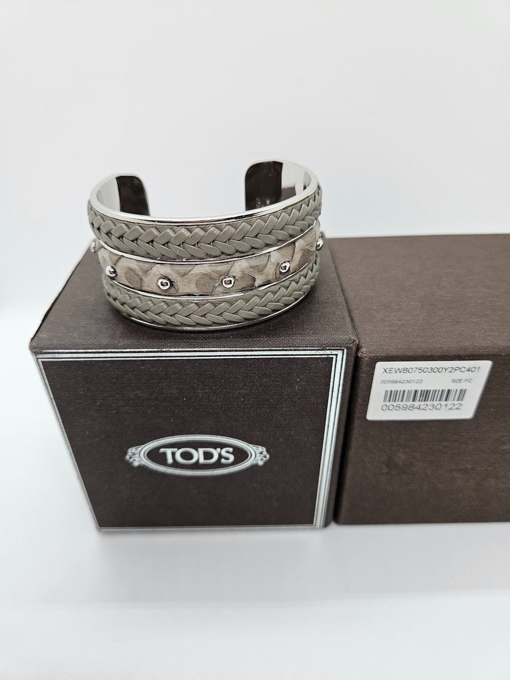 Tod’s Gray Woven Leather Snakeskin Studs Cuff Bracelet, Women's — image 3 of 6