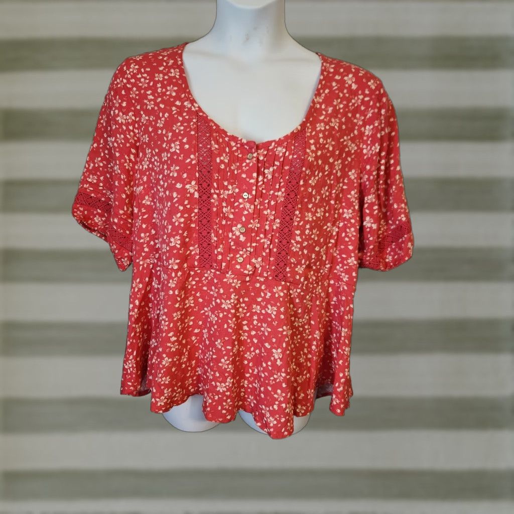 Vintage Falls Creek Dark Pink Floral Lace Swing Top 1X Blouse Womens Hippie Boho Lace Rayon Short Sleeve Round Neck NWT Size XL / US 12-14 / IT 48-50 - 1 Thumbnail