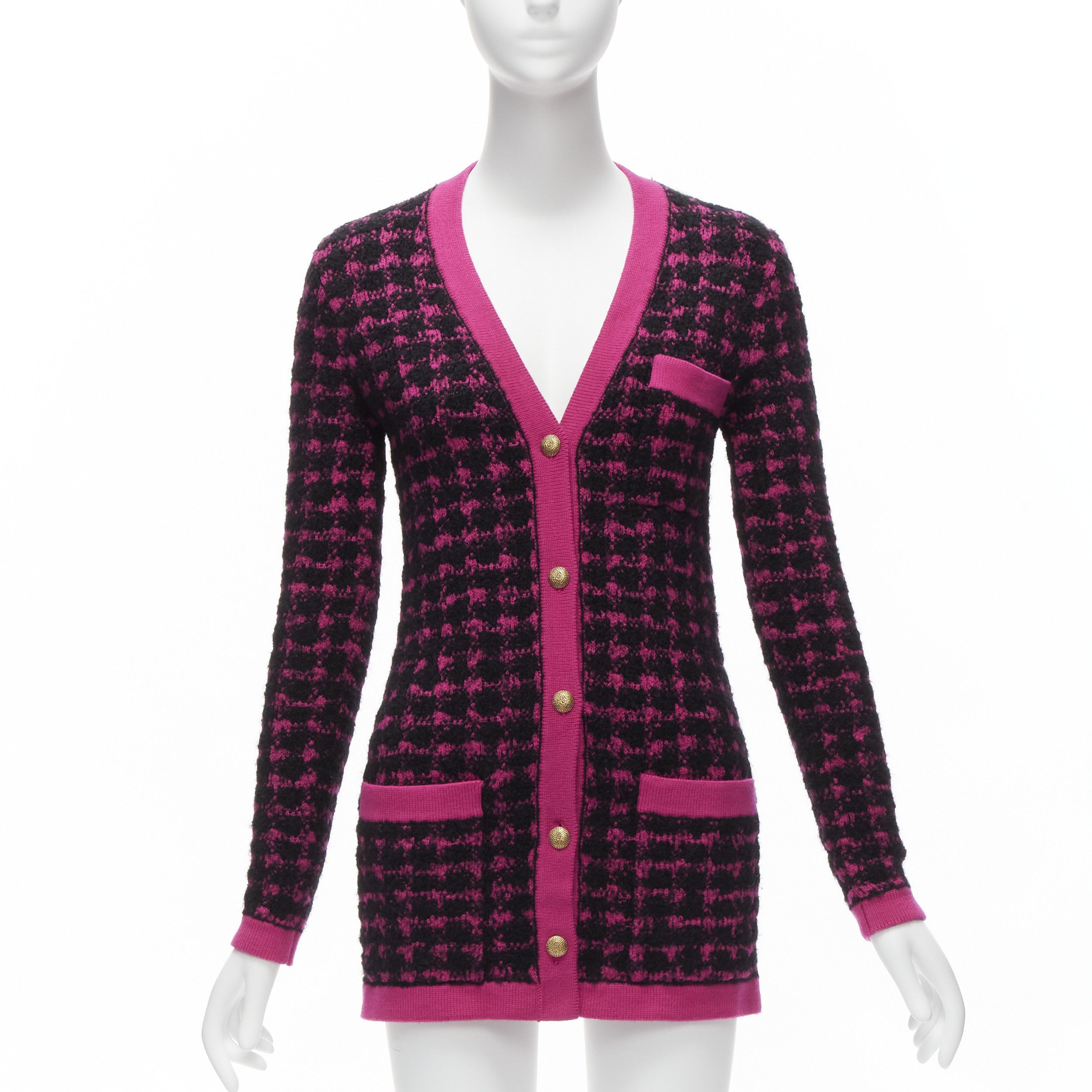 Saint Laurent Paris SAINT LAURENT 2021 black pink houndstooth wool alpaca preppy cardigan jacket XS Size S / US 4 / IT 40 - 1 Thumbnail