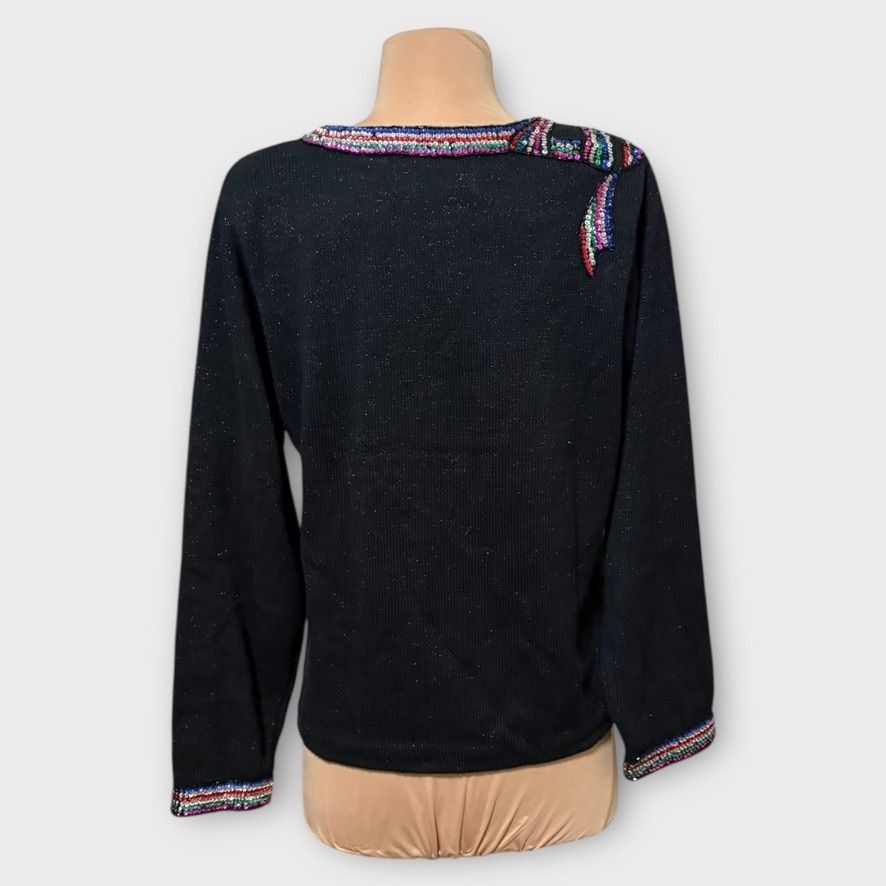 Other Vintage Sequin Bow Sweater M 80s Retro Knit Black Multi Holi Size M / US 6-8 / IT 42-44 - 4 Thumbnail