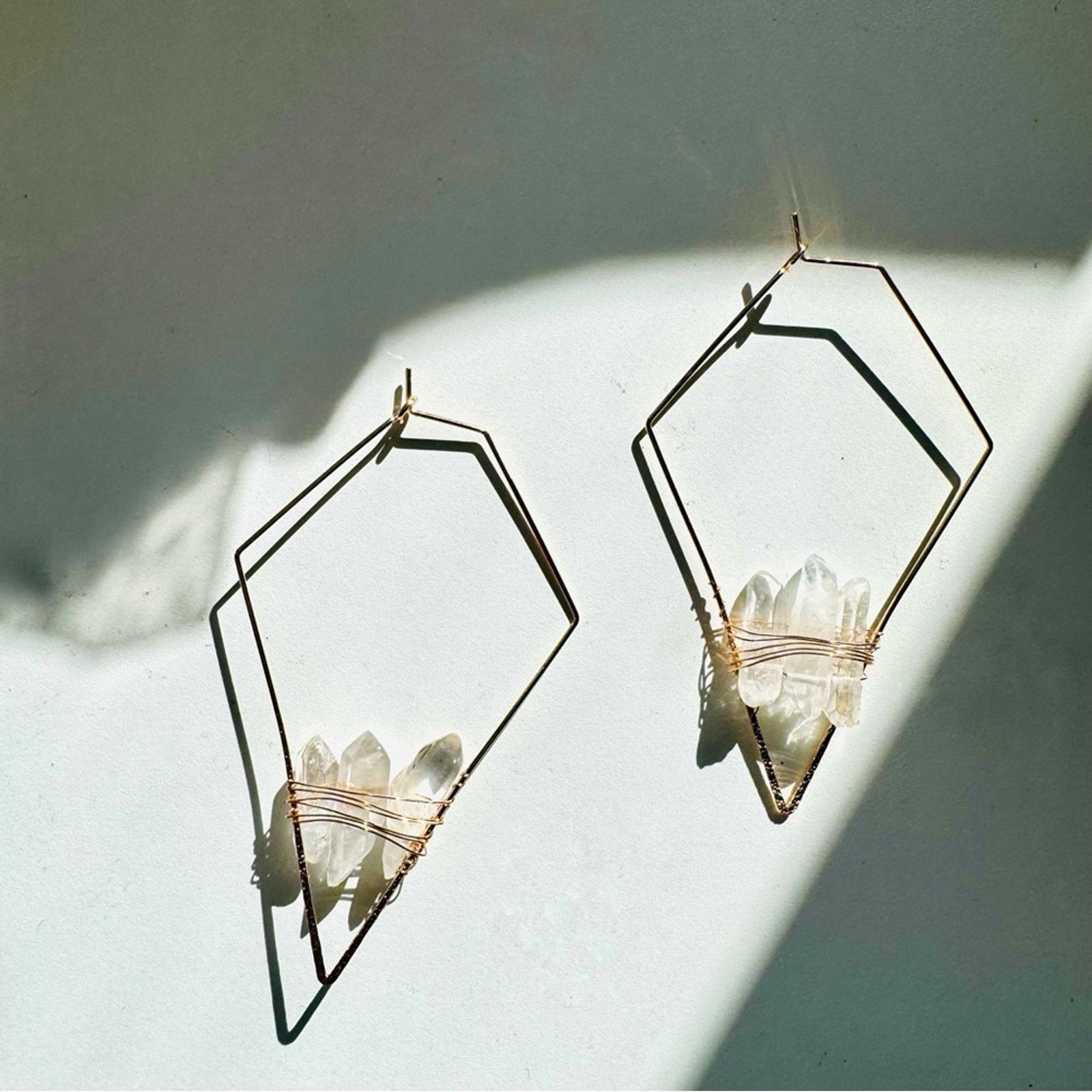 Clear Quartz Gold Gemstone Crystal Hoop Earrings Jewelry