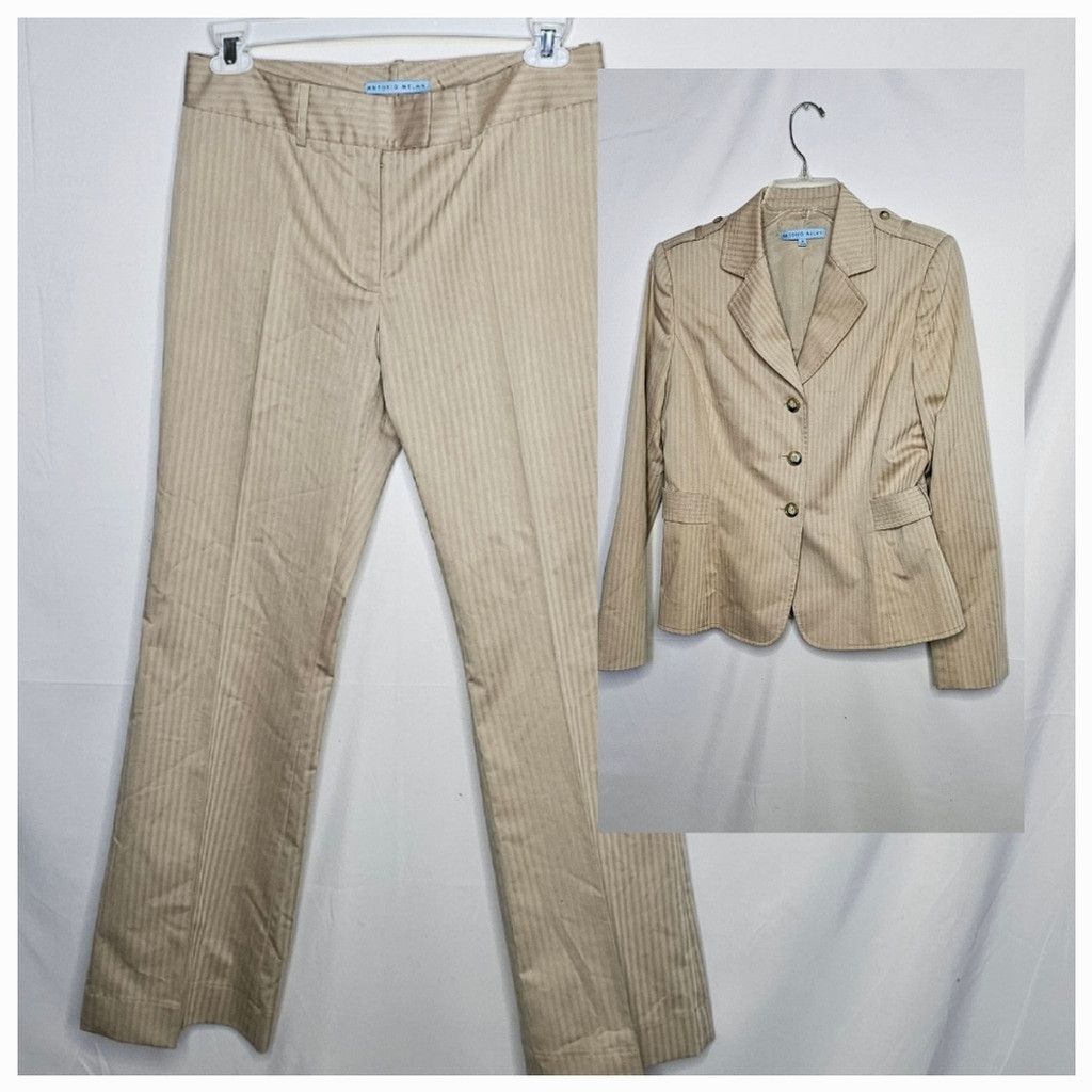 Antonio Melani pinstripe tan 2 pc pants blazer suit set sz 8