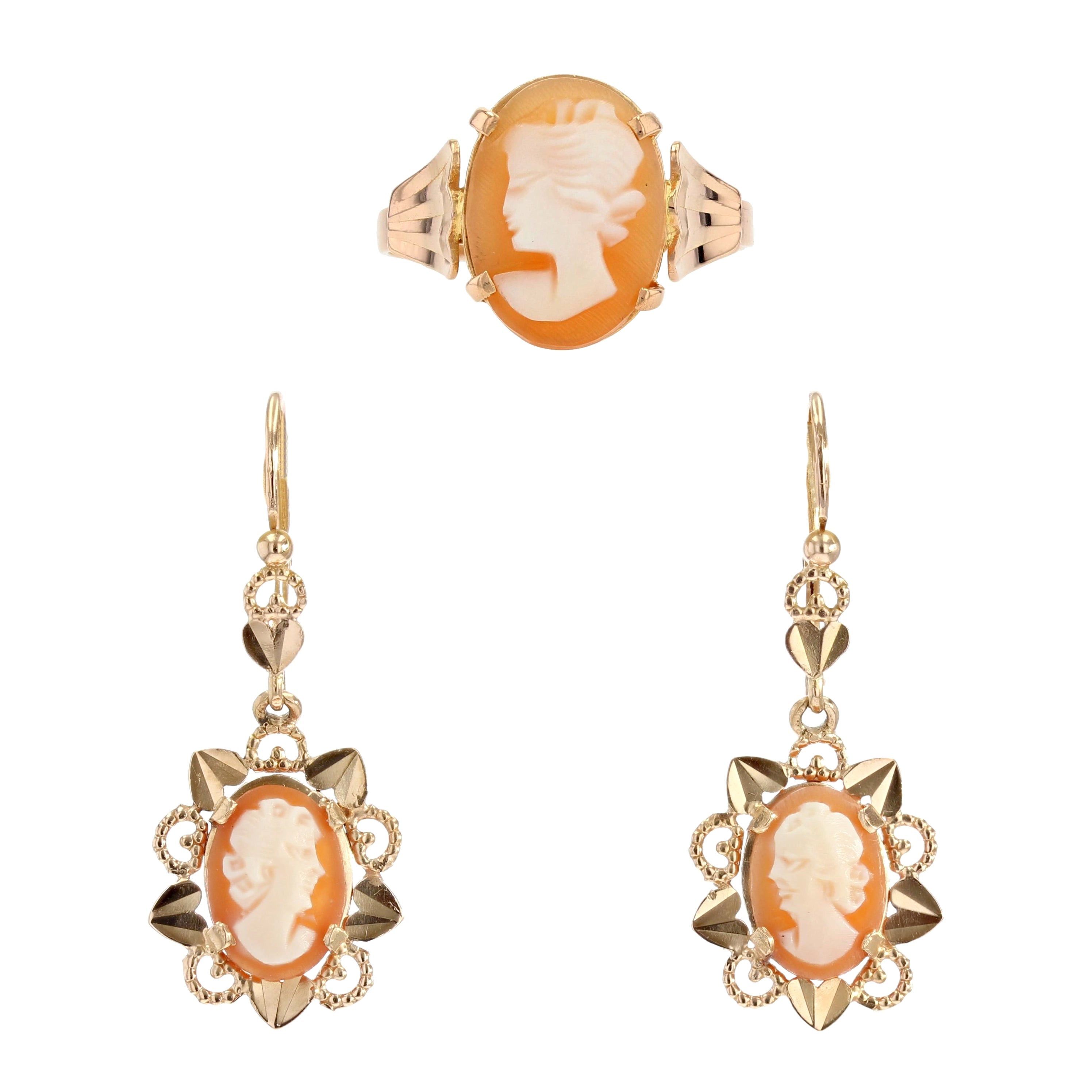 image of Vintage French 1960S Shell Cameo 18 Karat Rose Gold Earrings Ring Set, Women's