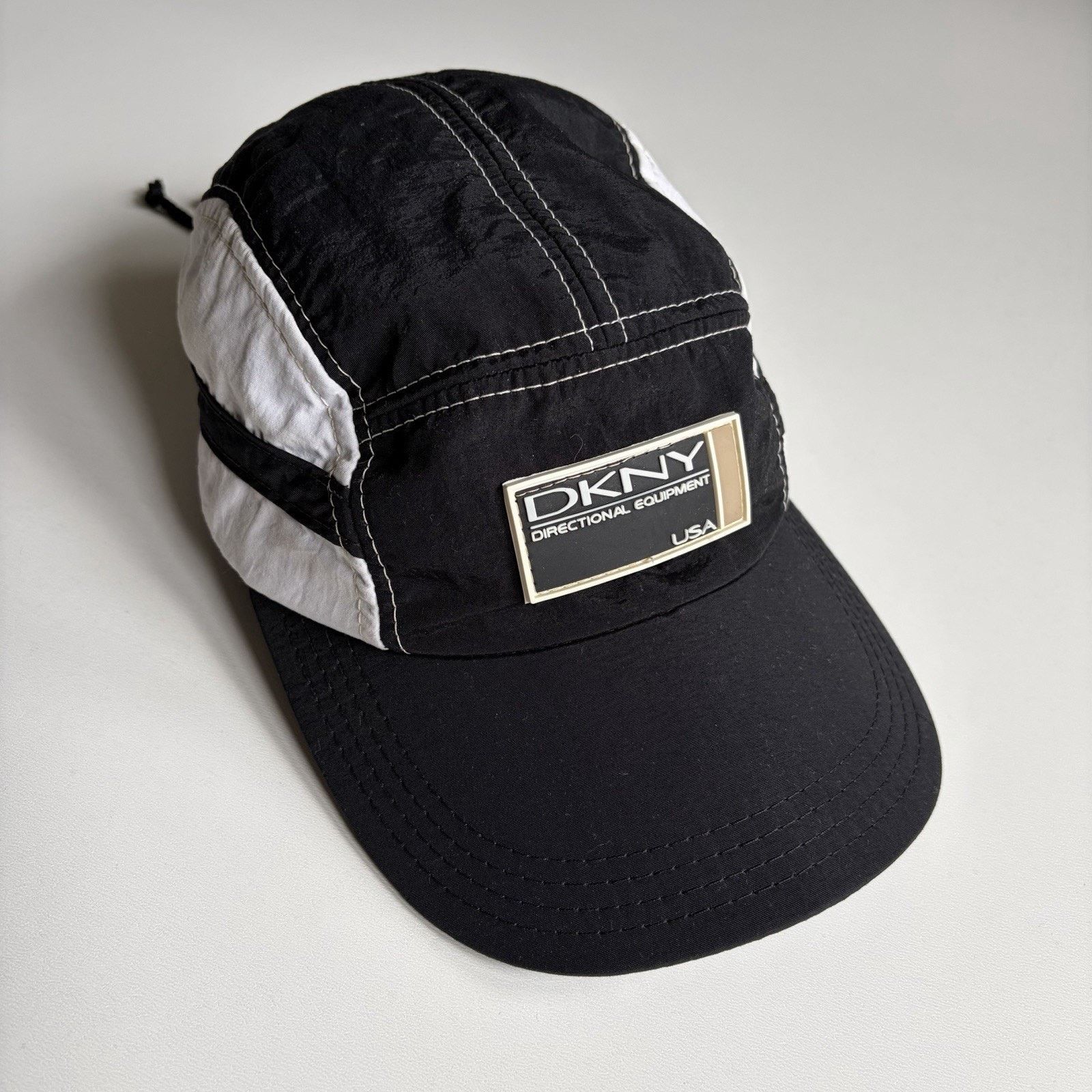 DKNY × Vintage Vintage 90s DKNY USA Pull String 5 Panel Hat Black White Size ONE SIZE - 1 Thumbnail