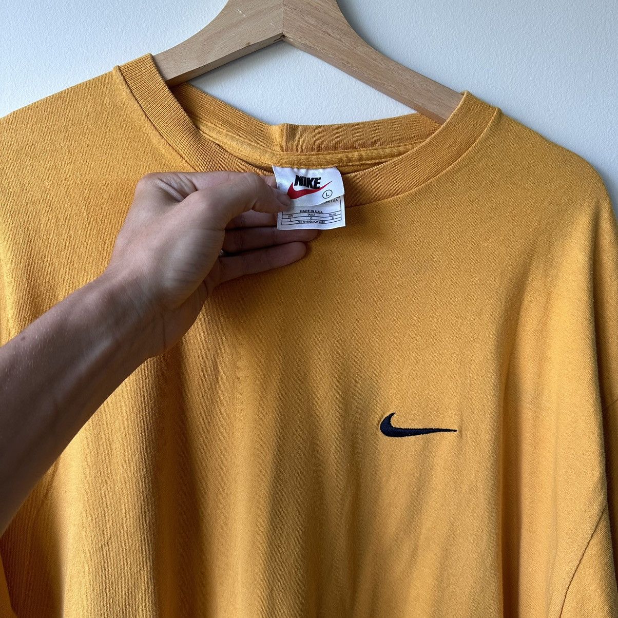 Nike × Vintage Vintage 90s Nike Embroidered Swoosh Logo Basic Yellow Shirt Size US L / EU 52-54 / 3 - 4 Thumbnail
