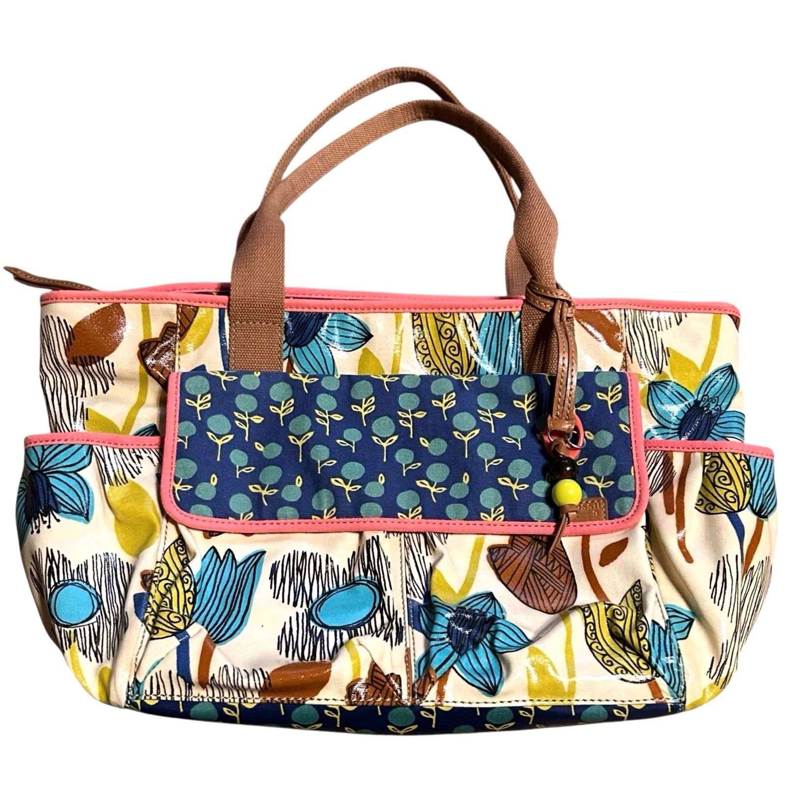 Fossil Fossil Key Per Diaper Bag XL Tote Coated Canvas Taupe Beige Leaf Flower Women's Tote, Floral, Boho, Classic, Colorful Size L / US 10 / IT 46 - 2 Thumbnail
