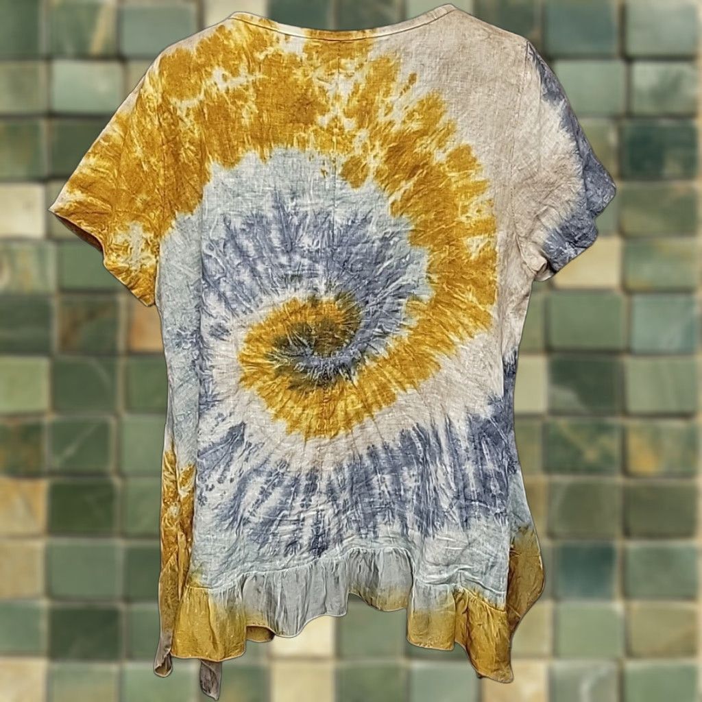 Vintage VINTAGE Made In Italy Tunic Womens M Yellow Blue Tie Dye Linen Silk Boho Ruffle Size M / US 6-8 / IT 42-44 - 1 Thumbnail