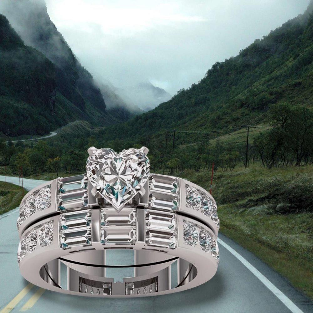 Designer 2pcs Heart Shaped Silver Engagement Ring Set - Size 5 Size ONE SIZE - 6 Thumbnail