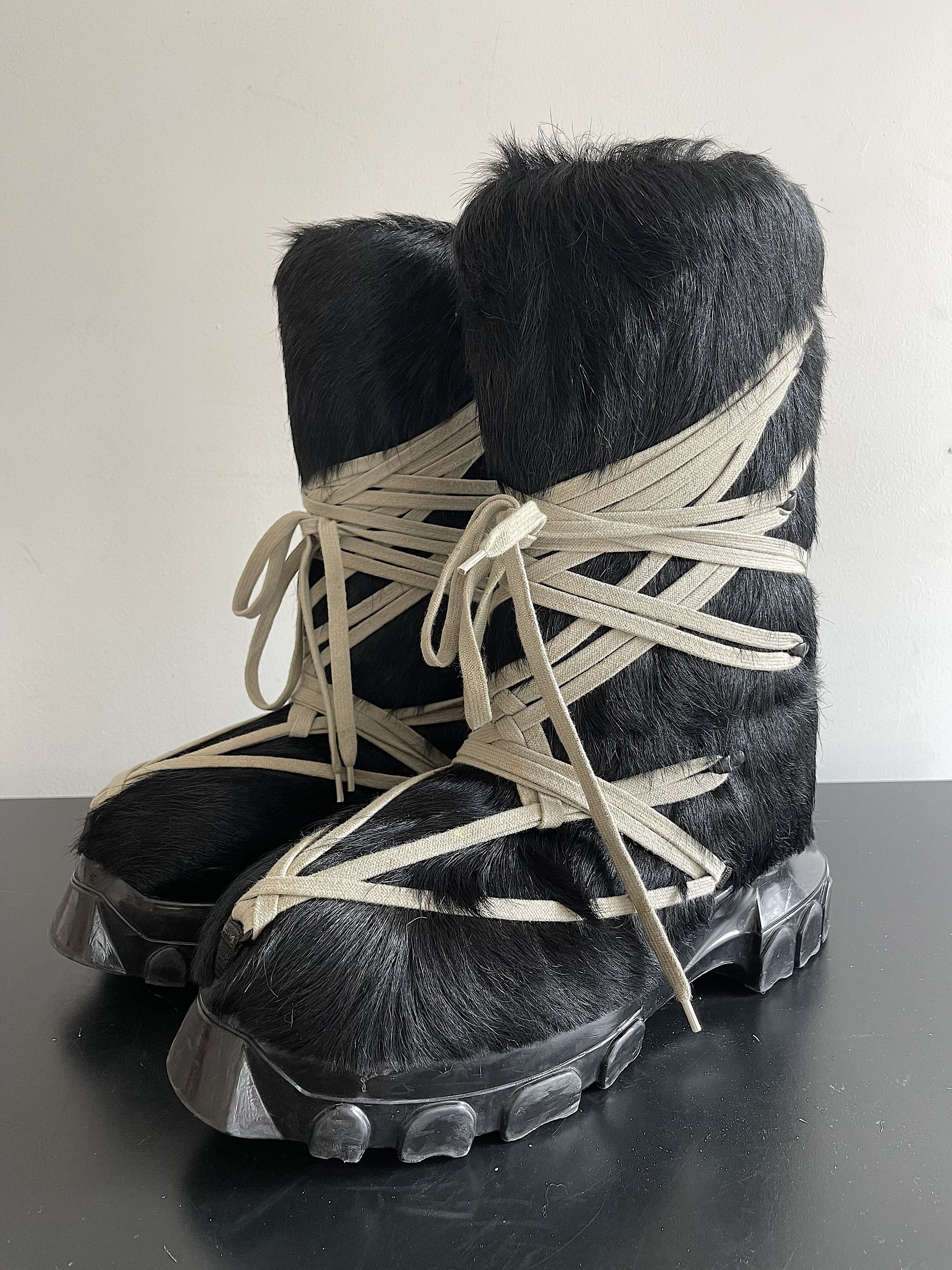 Pre-owned Rick Owens Pony Hair Fur Megalace Lunar Boots (45) In Black