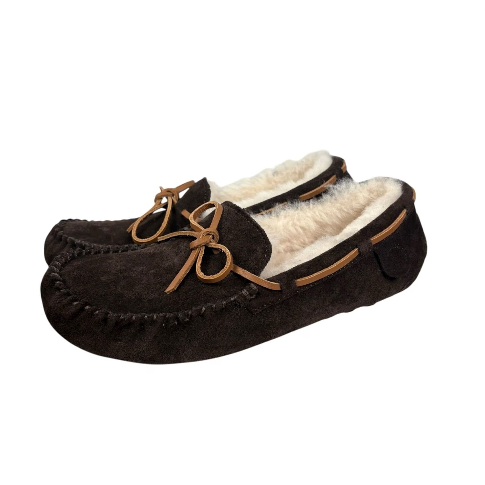 Vintage Fireside by Dearfoams Victor Genuine Shearling Moccasin Slipper Mens 9 Brown Suede Size ONE SIZE - 2 Thumbnail
