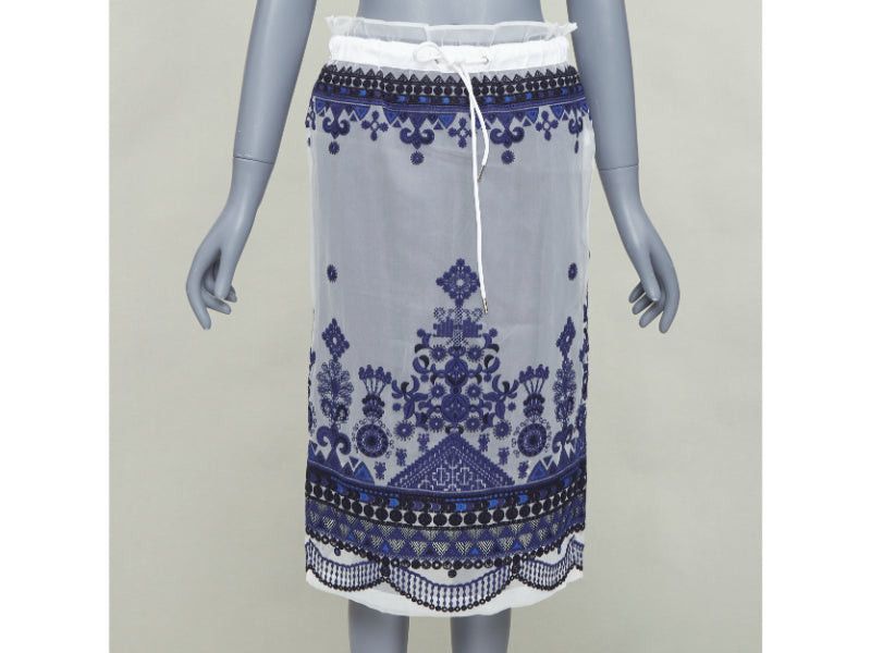 Sacai SACAI 2017 white navy blue sheer ethnic embroidery paperbag midi skirt JP1 S Size 27" / US 4 / IT 40 - 1 Thumbnail