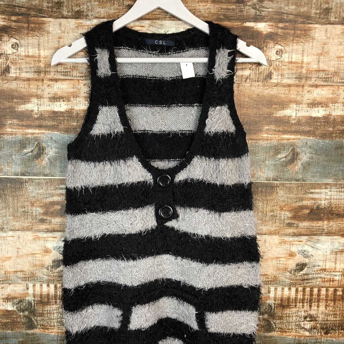 Japanese Brand CSL Stripe Grey fur mohair Black Vest Knitwear #A1609 Size L / US 10 / IT 46 - 5 Thumbnail