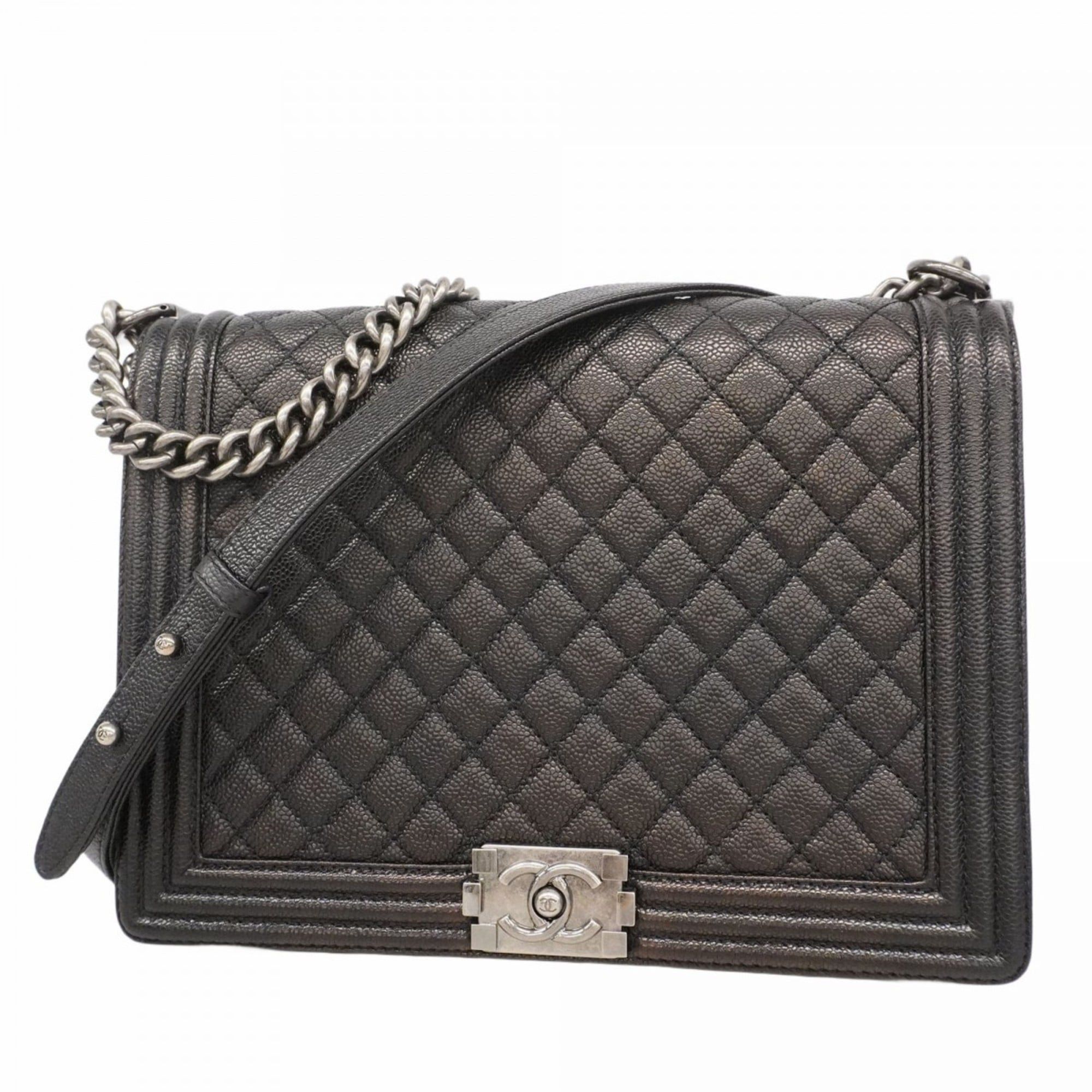 Chanel Shoulder Bag Boy Chain Caviar Skin Black Women's