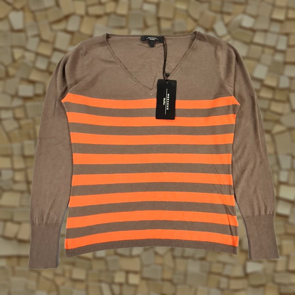 Vintage Weekend Max Mara Jumper Womens Brown Large Striped Silk Wool Lightweight Knit V-Neck Pullover Size L / US 10 / IT 46 - 1 Thumbnail