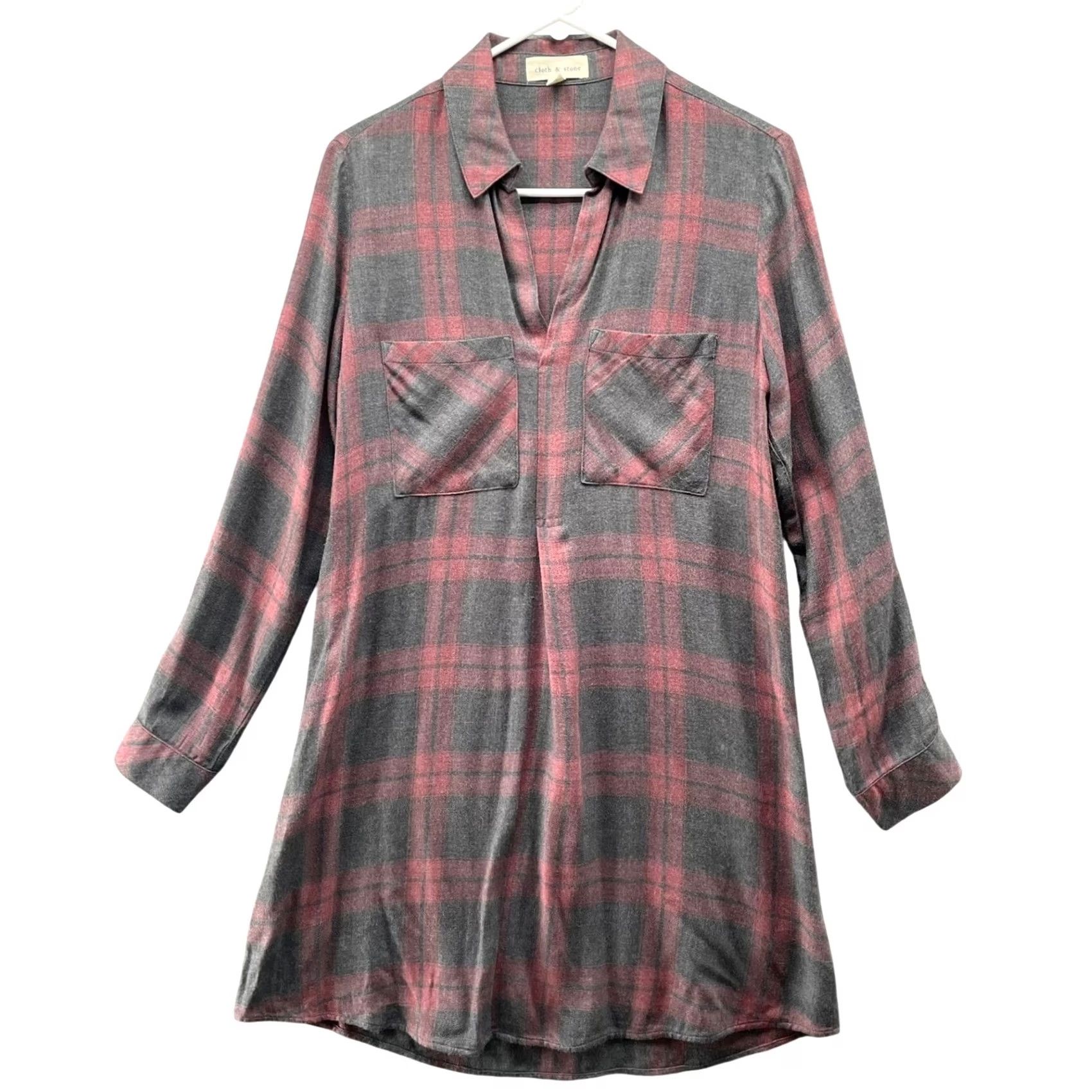 CLOT VINTAGE Cloth & Stone Plaid Tunic Dress Womens XS Grey Red Long Sleeve Soft Rayon Size XS / US 0-2 / IT 36-38 - 2 Thumbnail