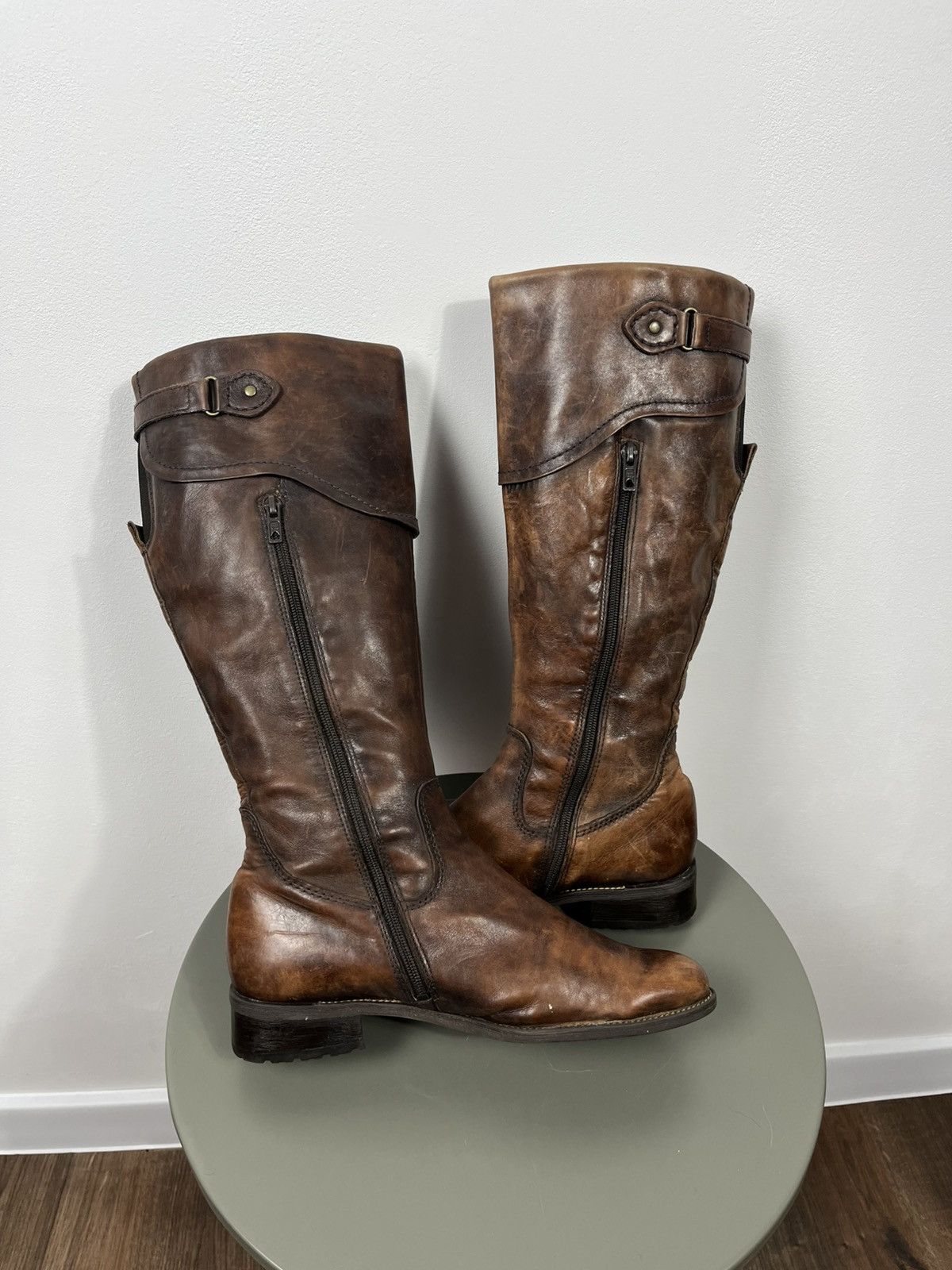 Leather Brown Leather Tall Boots Buckle Strap Zip Closure EU 39 Size US 8.5 / IT 38.5 - 16 Thumbnail