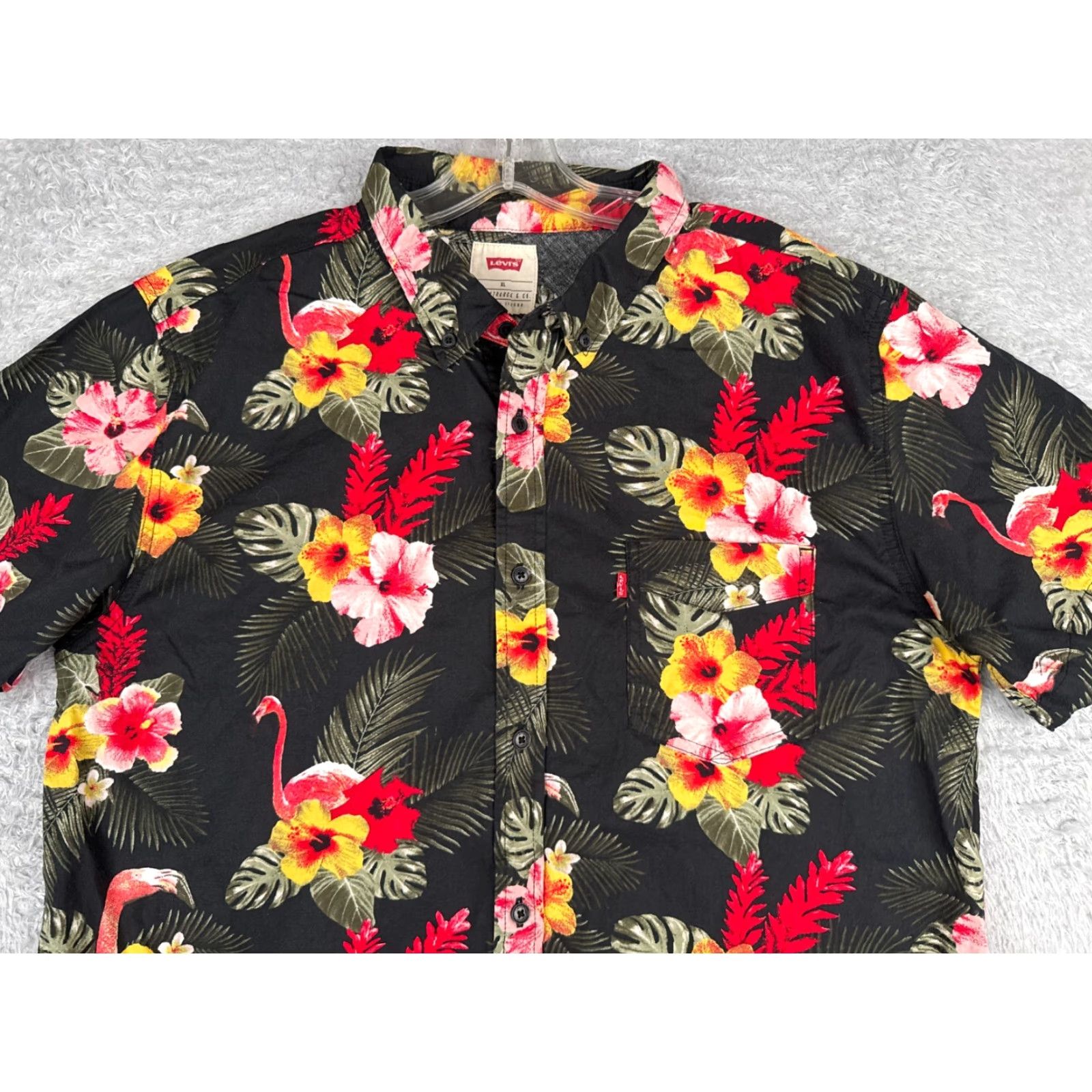 Levi's VINTAGE Levis Shirt Mens Extra Large Black Flamingo Floral Palm Leaf Hawaiian Vacation Size US XXL / EU 58 / 5 - 4 Thumbnail