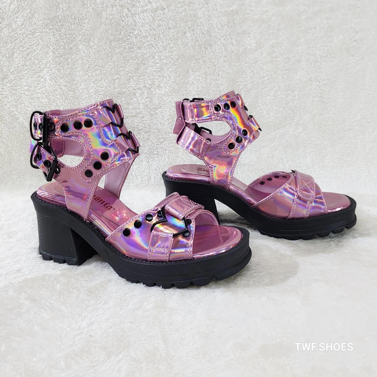 Demonia Cult DEMONIA Bratty Pink Hologram Block Heel Goth Punk Platform S Size US 7 / IT 37 - 3 Thumbnail