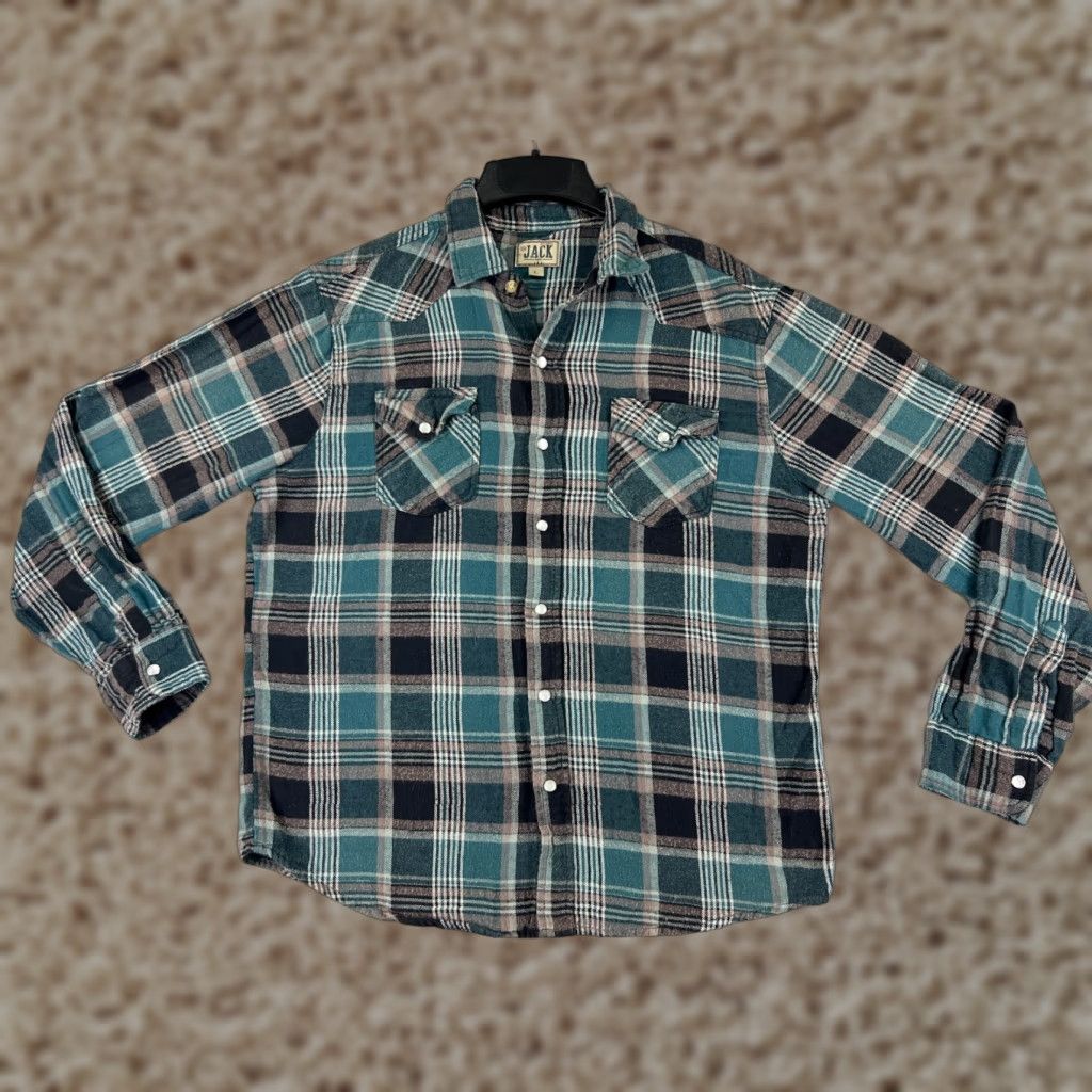 Haband VINTAGE Diamond Jack Shirt Mens Large Green Black Plaid Flannel Long Sleeve Pearl Snap Size US L / EU 52-54 / 3 - 1 Thumbnail