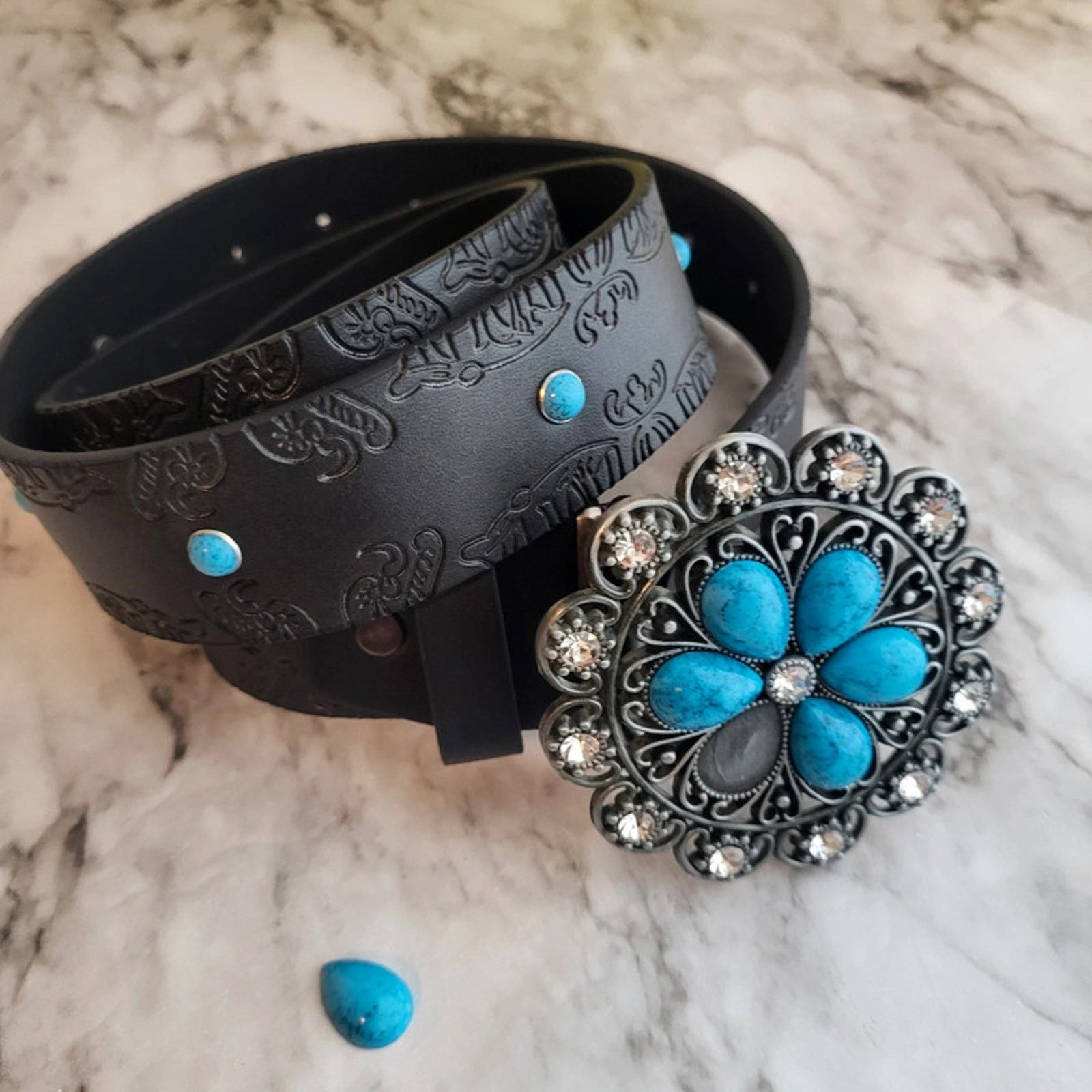 Other Black and Blue Floral Buckle Vegan Leather Belt 44 inches Size ONE SIZE - 1 Thumbnail