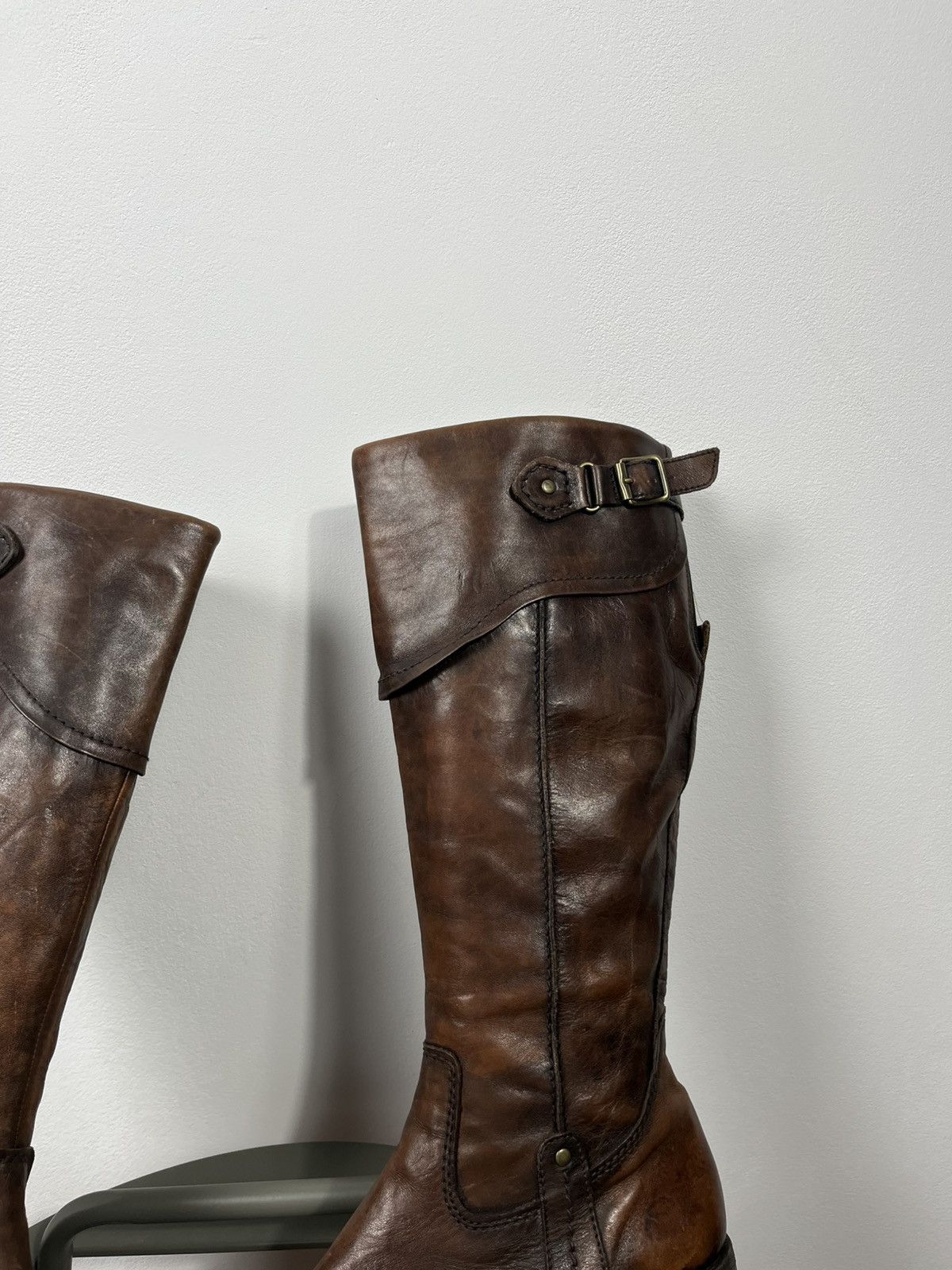 Leather Brown Leather Tall Boots Buckle Strap Zip Closure EU 39 Size US 8.5 / IT 38.5 - 3 Thumbnail
