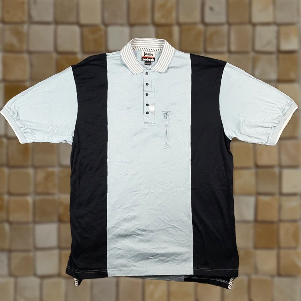 Vintage VINTAGE Jamie Sadock Blue & Black Striped Polo Shirt Men's Large Short Sleeve Button Collar 90s Preppy Casual Size 42R - 1 Thumbnail