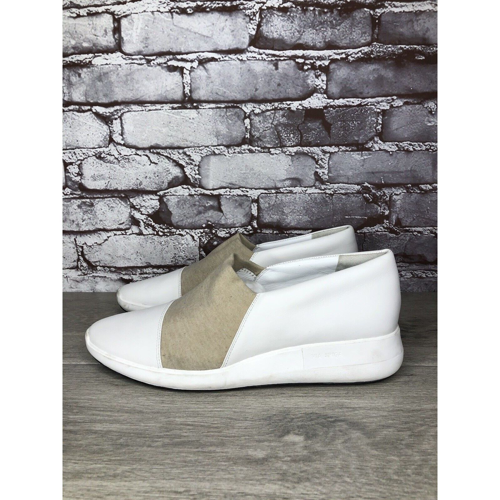 Other Via Spiga White Leather Beige Fabric Slip On Sneakers Women’ Size US 9.5 / IT 39.5 - 19 Thumbnail