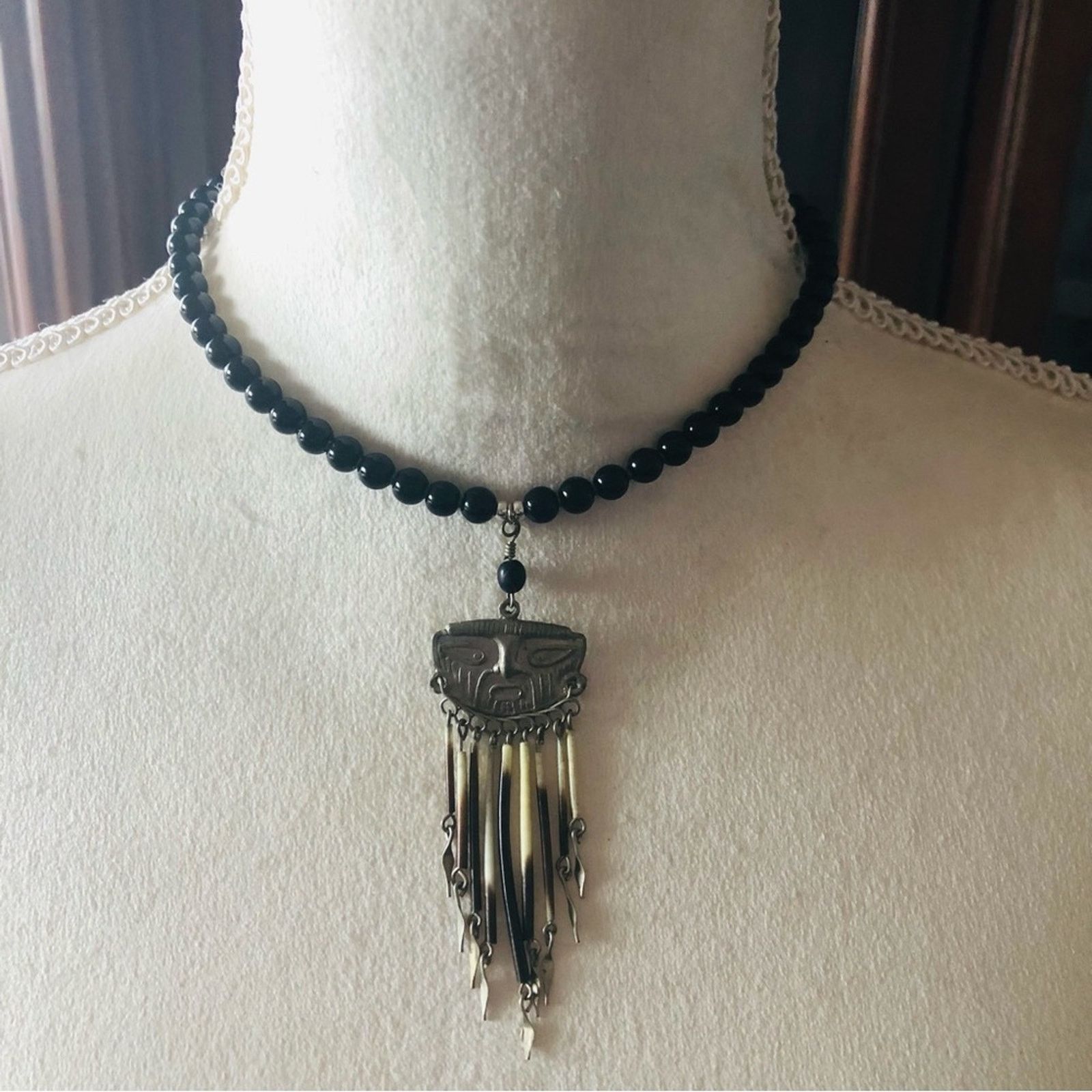 Handmade Handcrafted repurpose tribal look face fringe Pearl necklace Size ONE SIZE - 3 Thumbnail